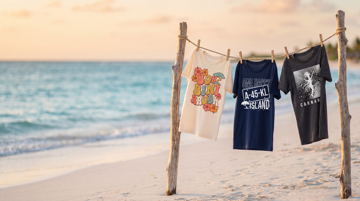 Aruba Threads tees on a clothesline at golden hour