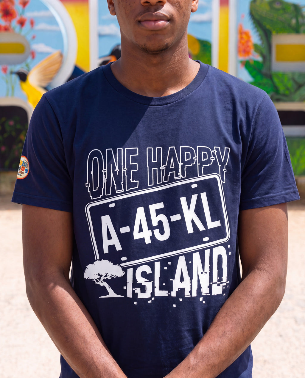 One Happy Island License Plate Tee close-up of the design