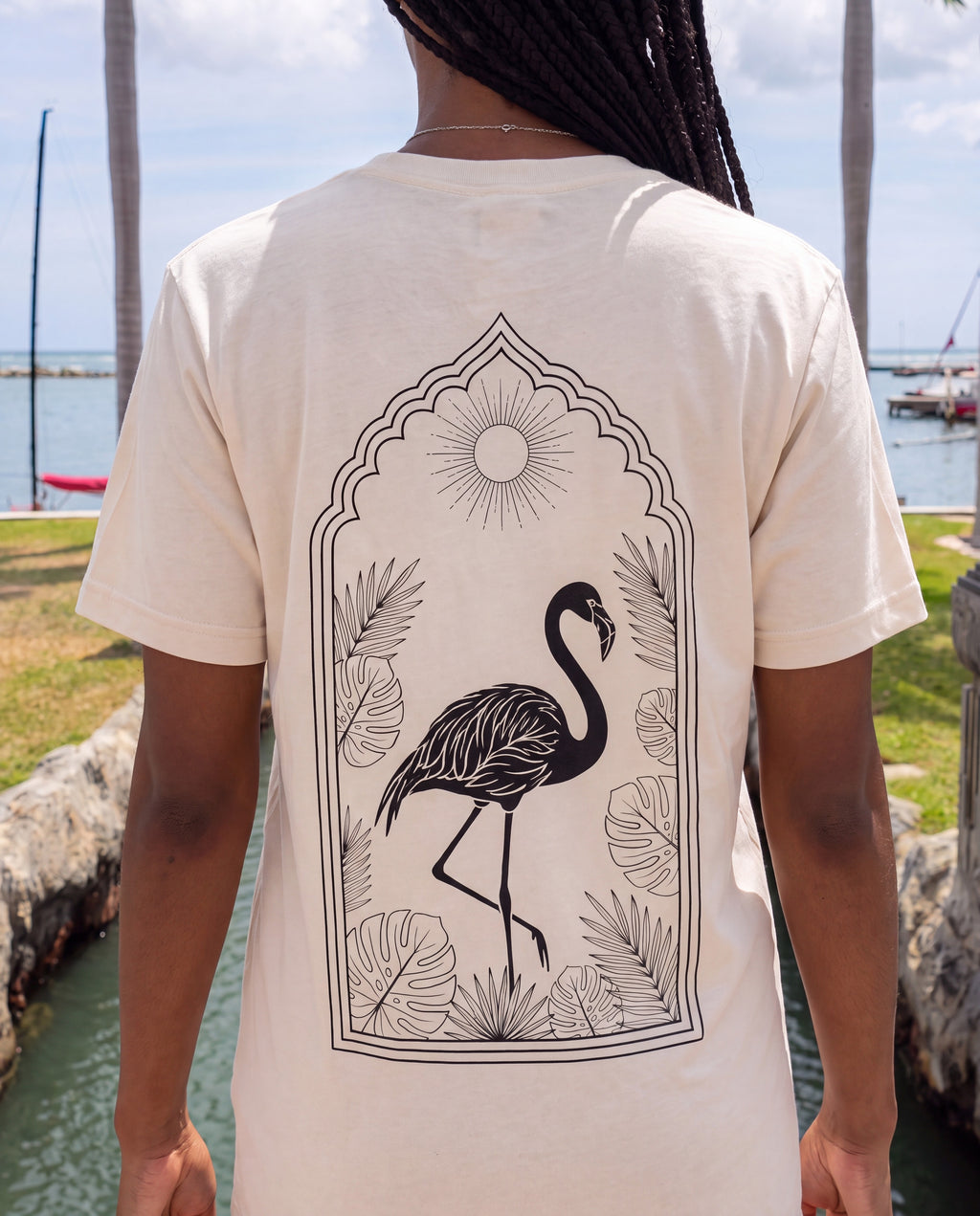 Arch Flamingo Tee close-up of the design, Natural