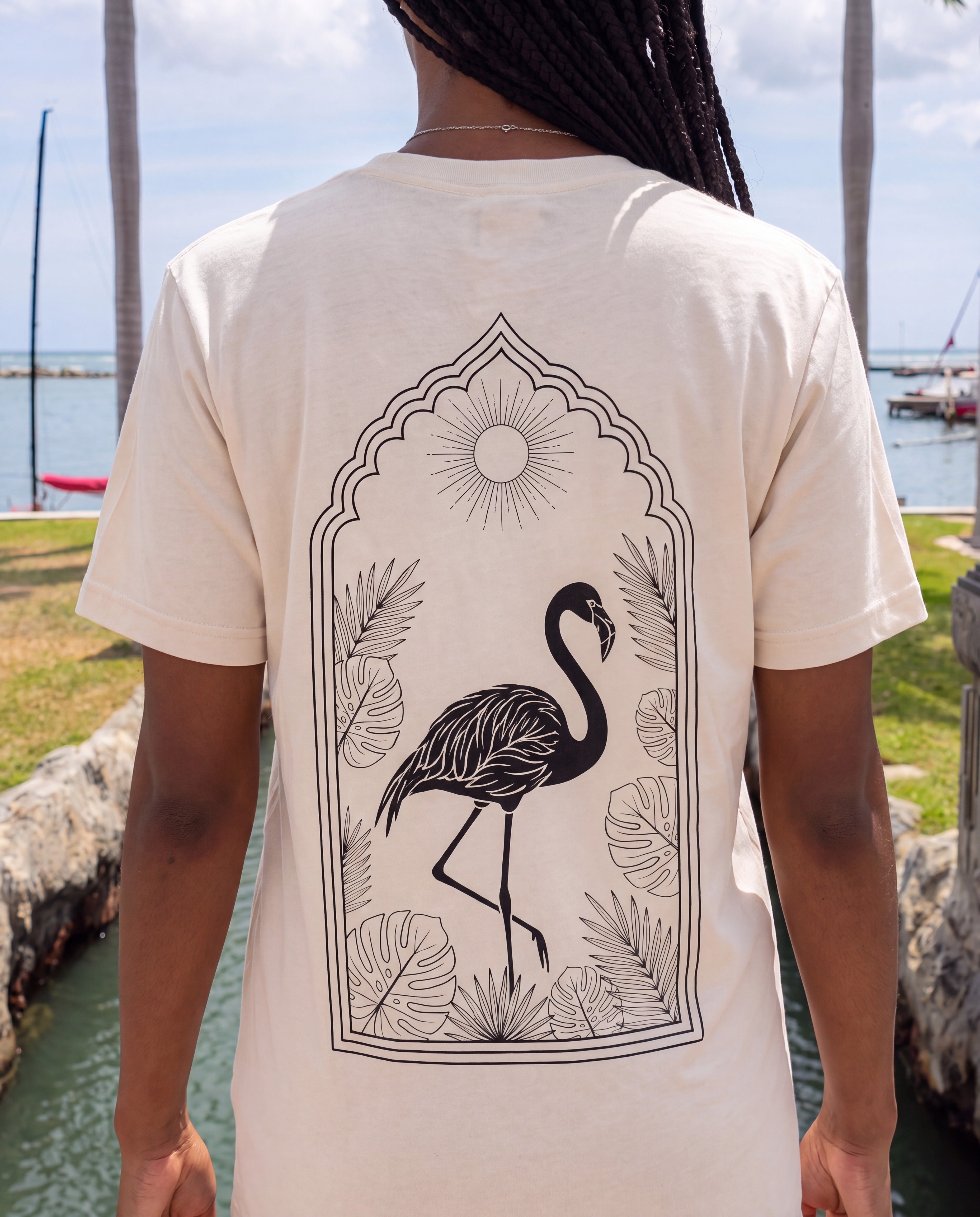 Arch Flamingo Tee close-up of the design, Natural