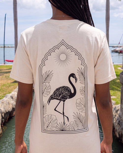 Arch Flamingo Tee close-up of the design, Natural