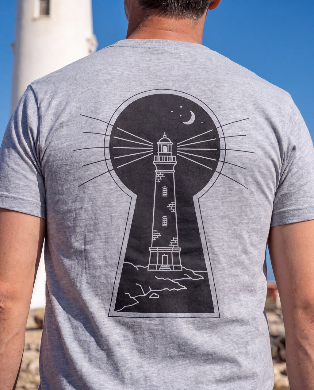 Keyhole Lighthouse Tee close-up of the design, Athletic Heather