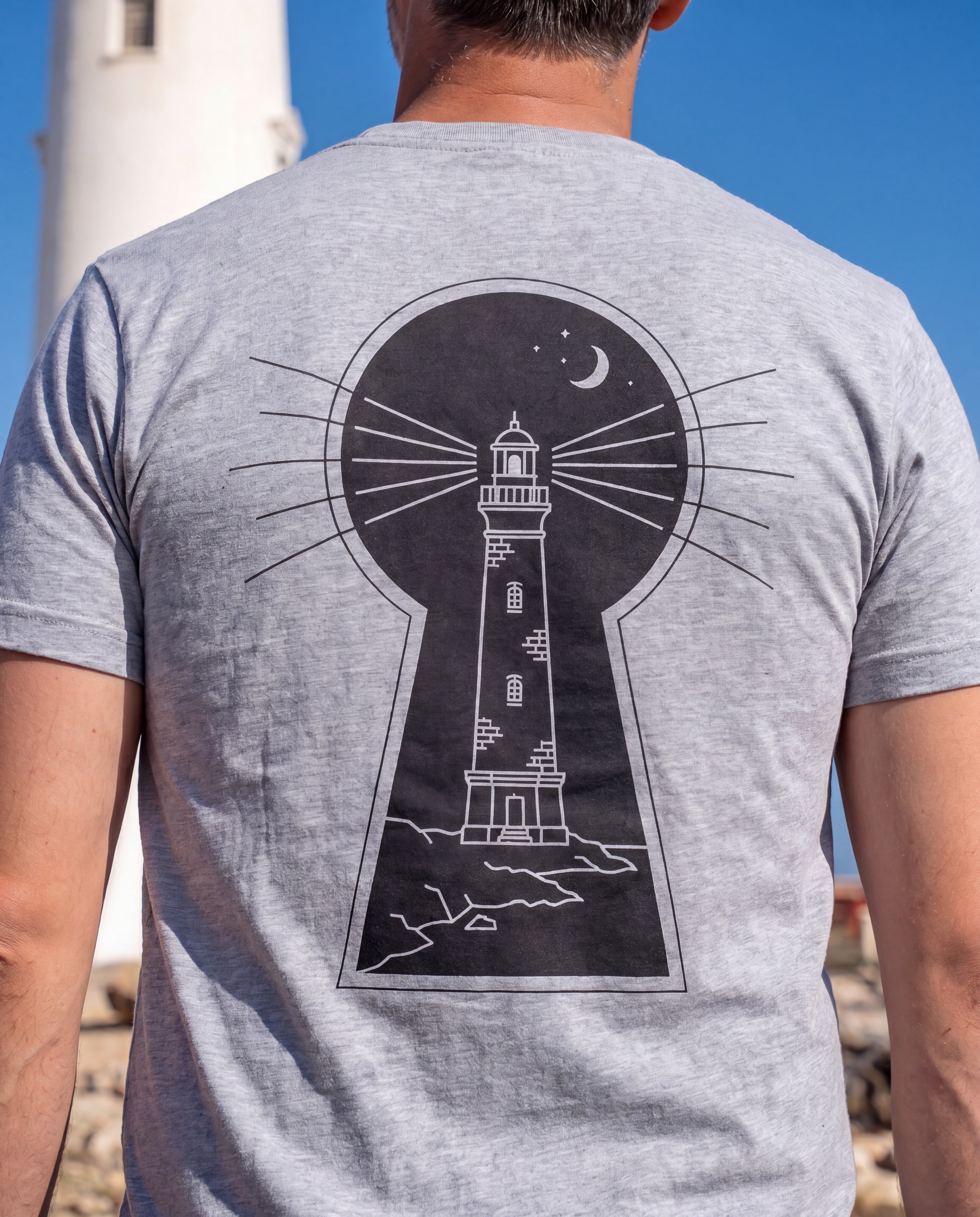 Keyhole Lighthouse Tee close-up of the design, Athletic Heather