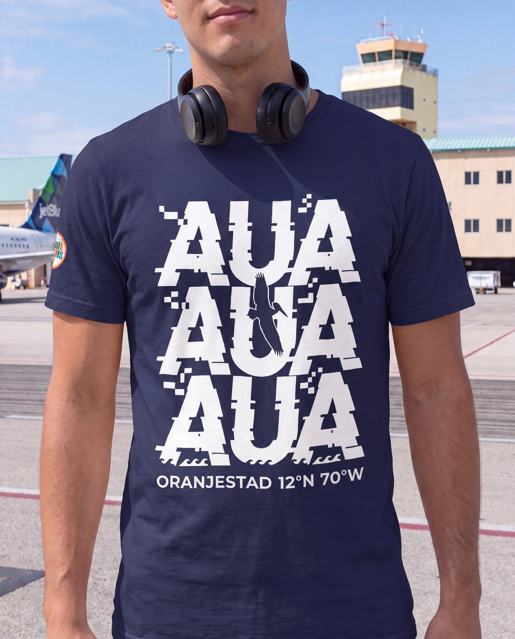 AUA Aruba Airport Code Glitch Tee close-up of the design