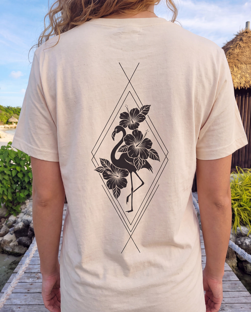 Aruba Flamingo & Hibiscus Tee close-up of the design
