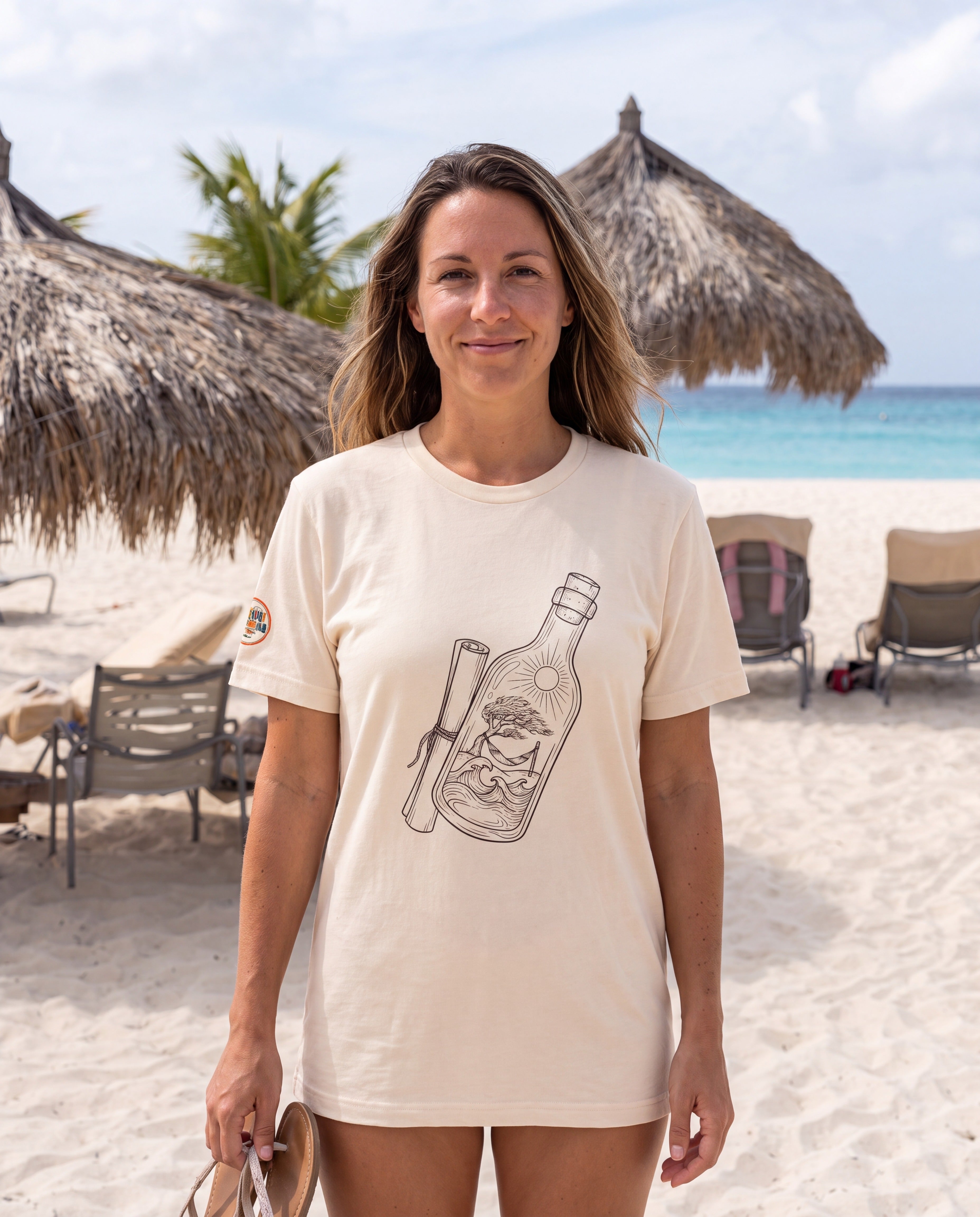 Aruba Message in a Bottle Tee worn on location in Aruba