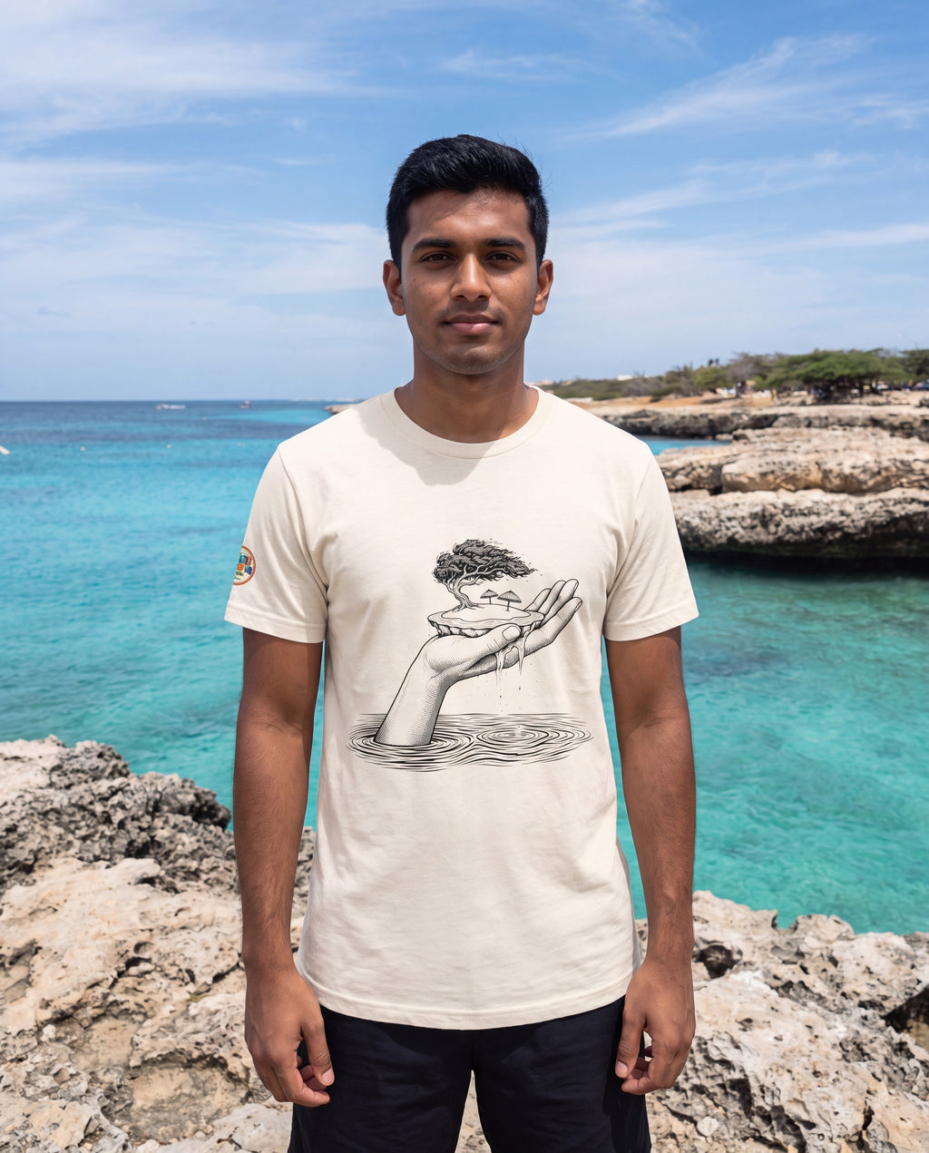 Aruba Island in Hand Tee worn on location in Aruba