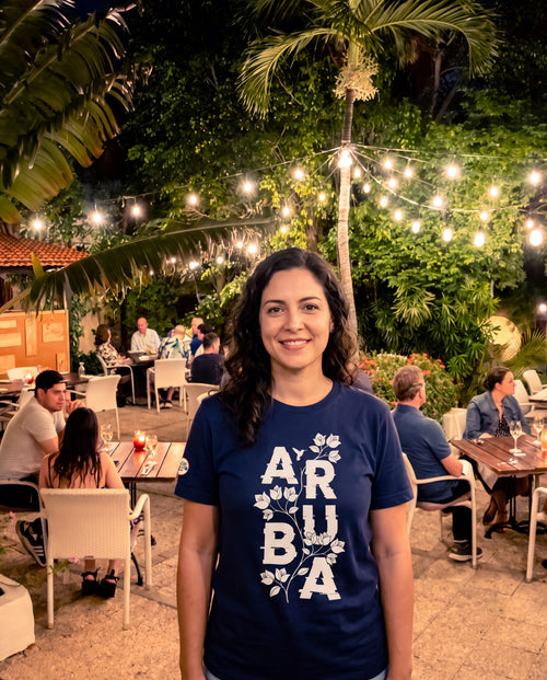 Aruba Bougainvillea Spine Tee worn on location in Aruba