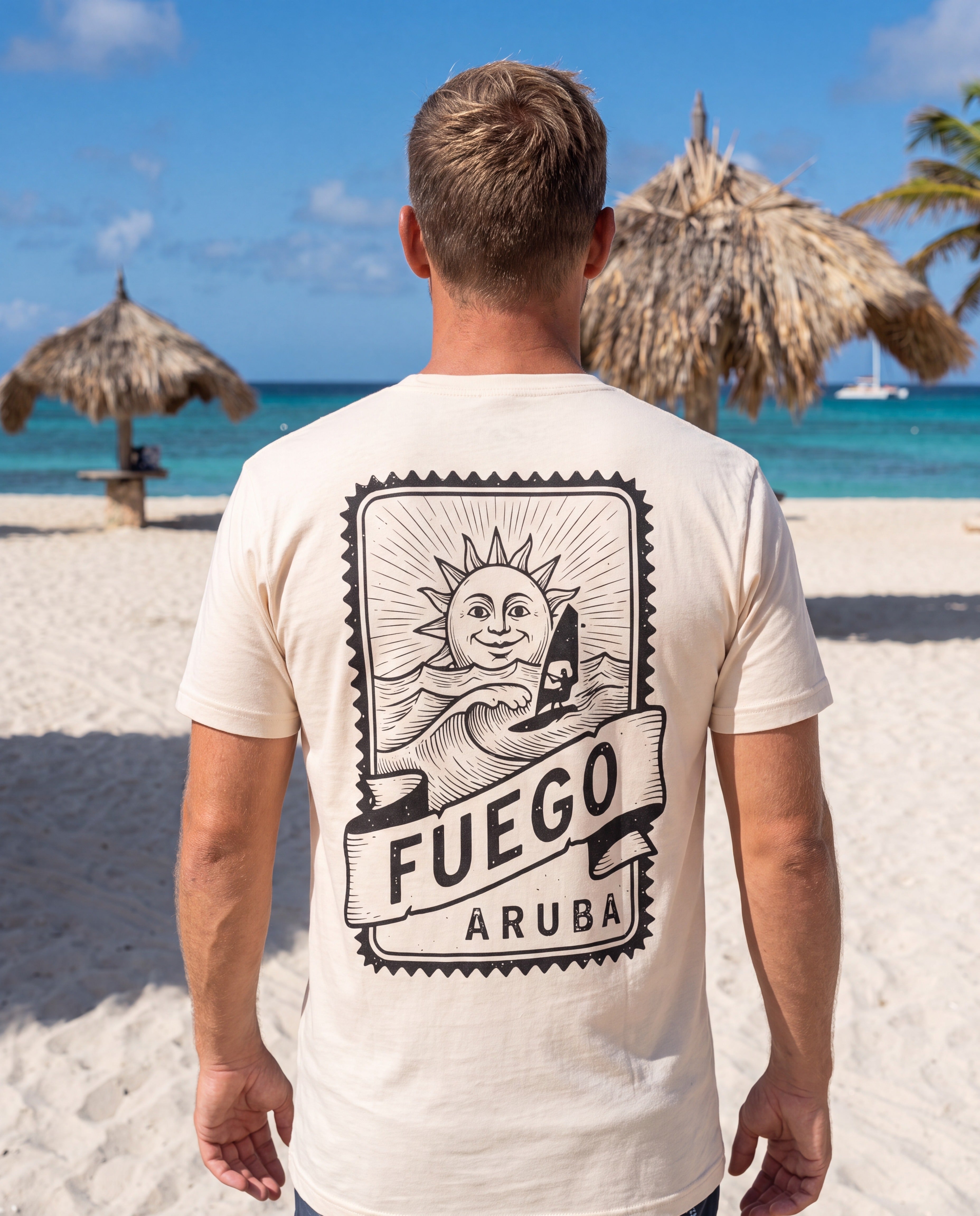 Fuego Aruba Matchbox Tee in Soft Cream, worn on location in Aruba