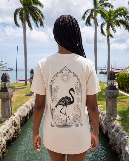 Arch Flamingo Tee in Natural, worn on location in Aruba