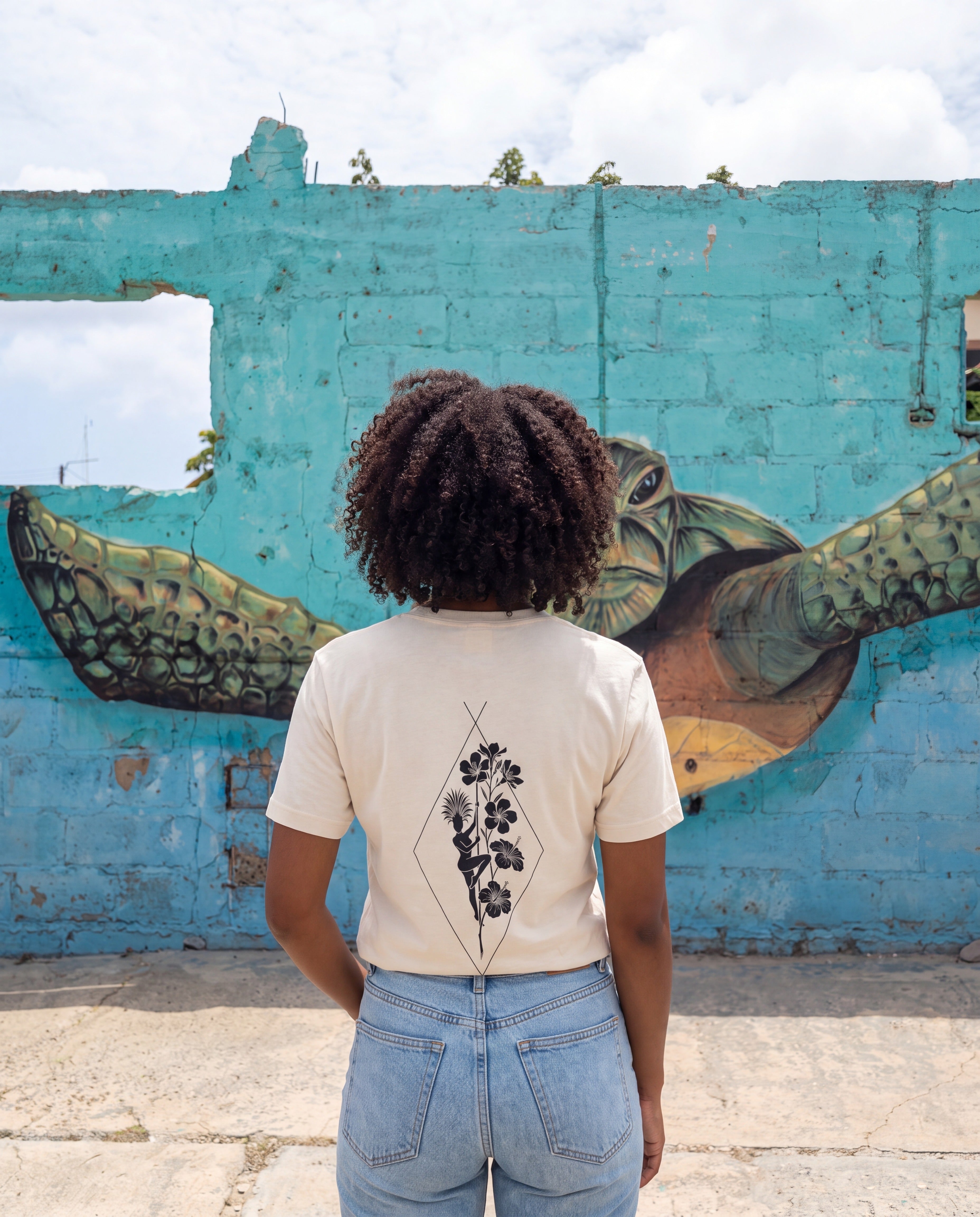 Carnival Dancer Diamond Tee in Natural, worn on location in Aruba