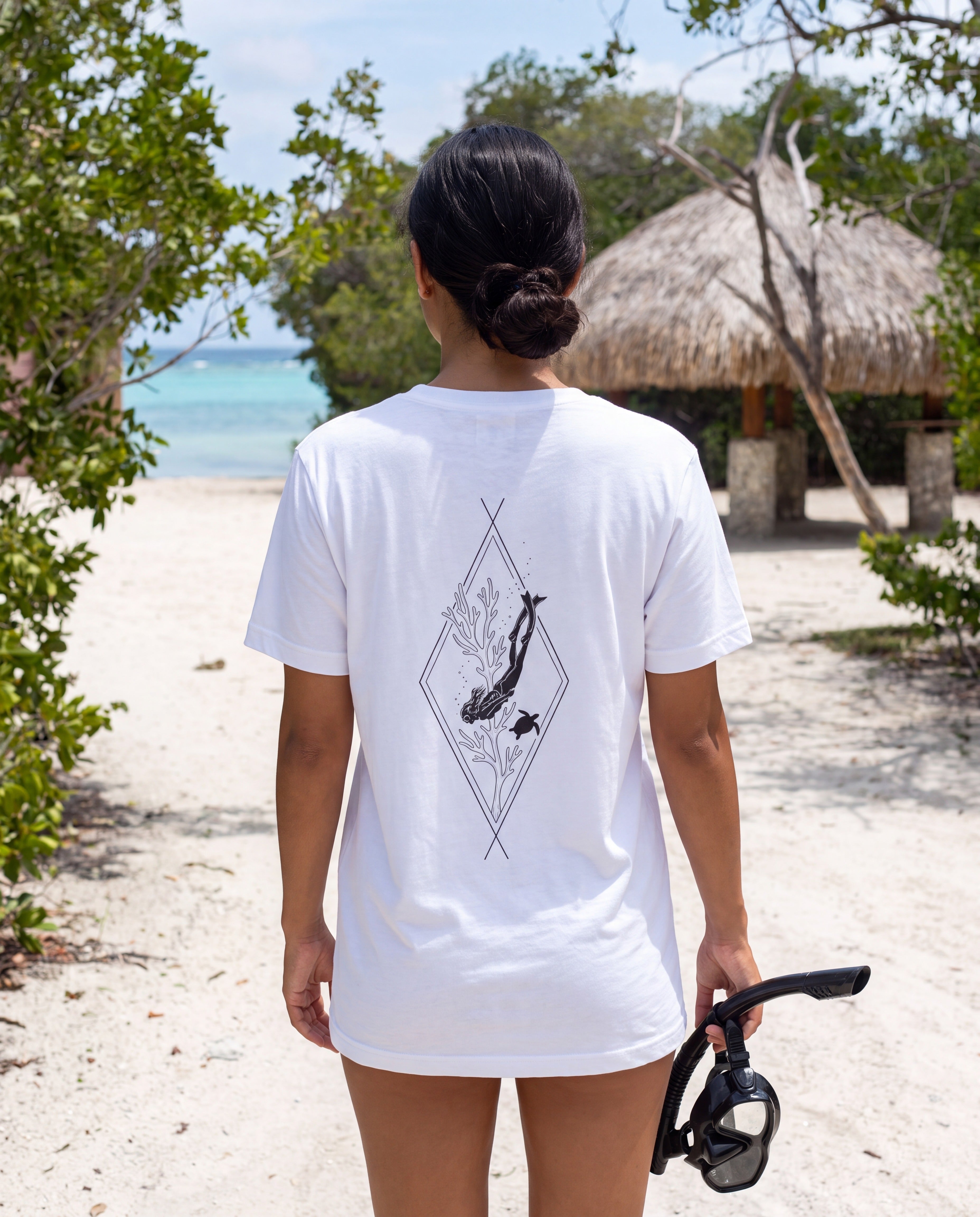 Freediver Sea Fan Diamond Tee in White, worn on location in Aruba