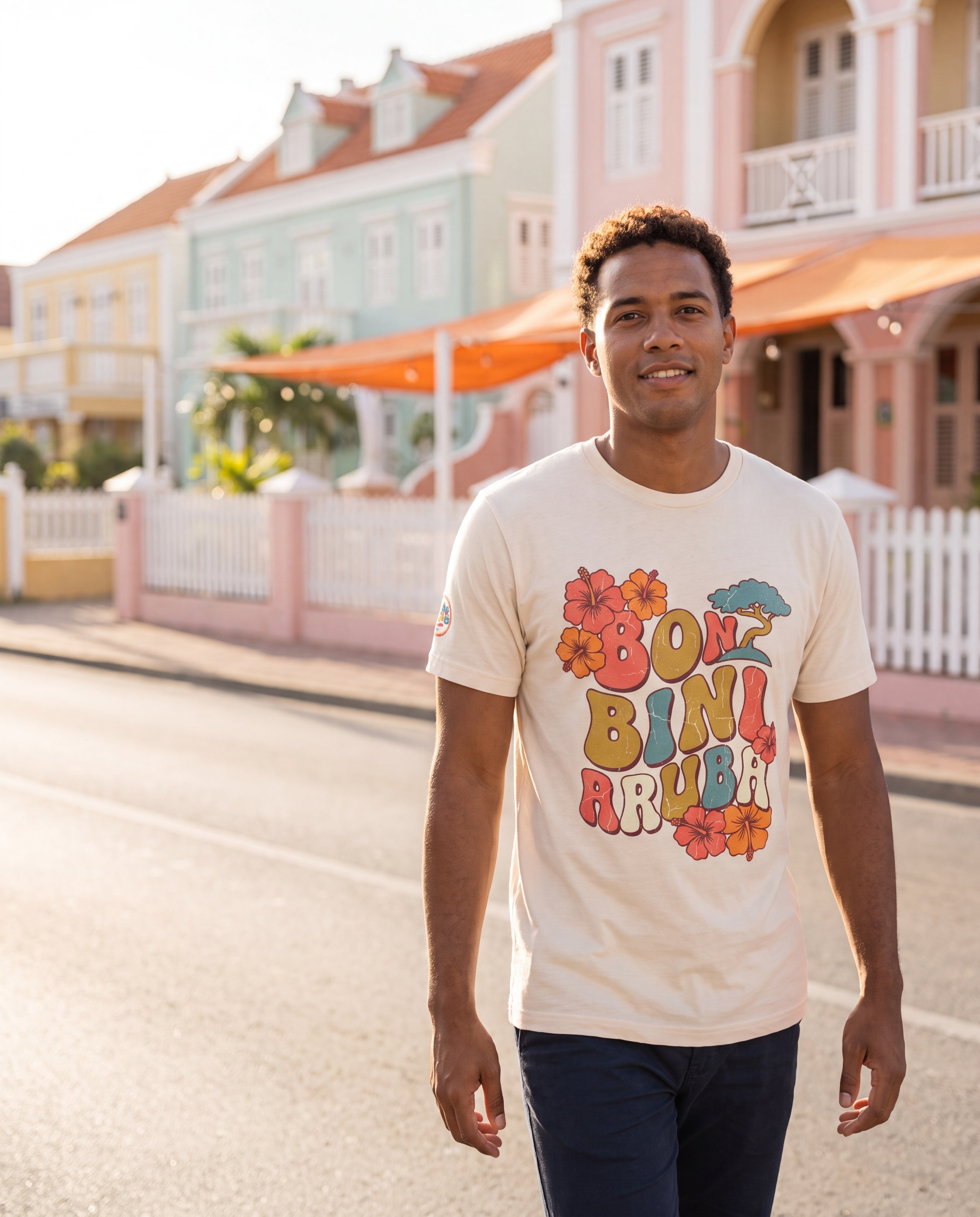 Man wearing the Bon Bini Aruba Retro Groovy Tee in Oranjestad, Aruba