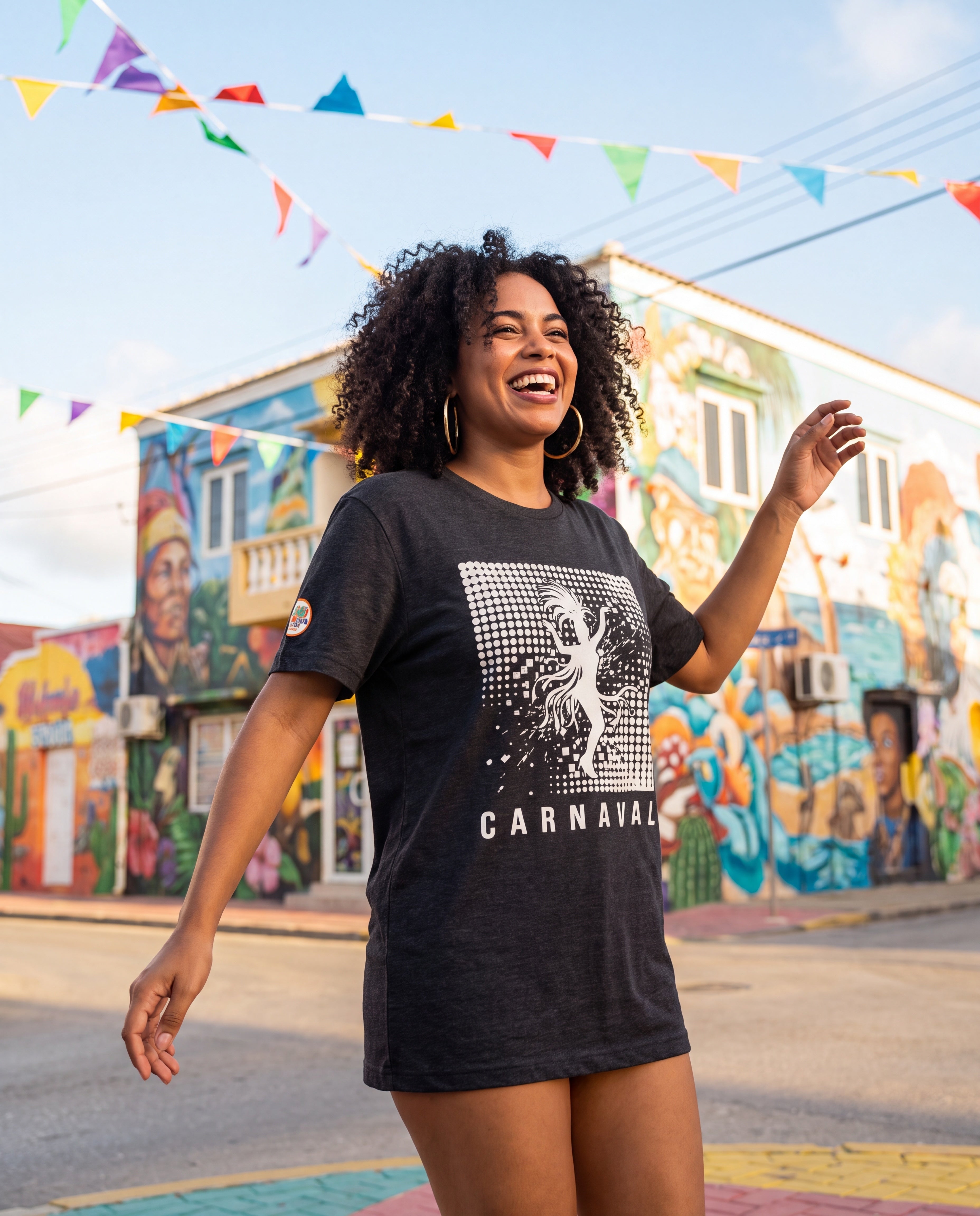 Woman wearing the Aruba Carnaval Halftone Tee in San Nicolas, Aruba