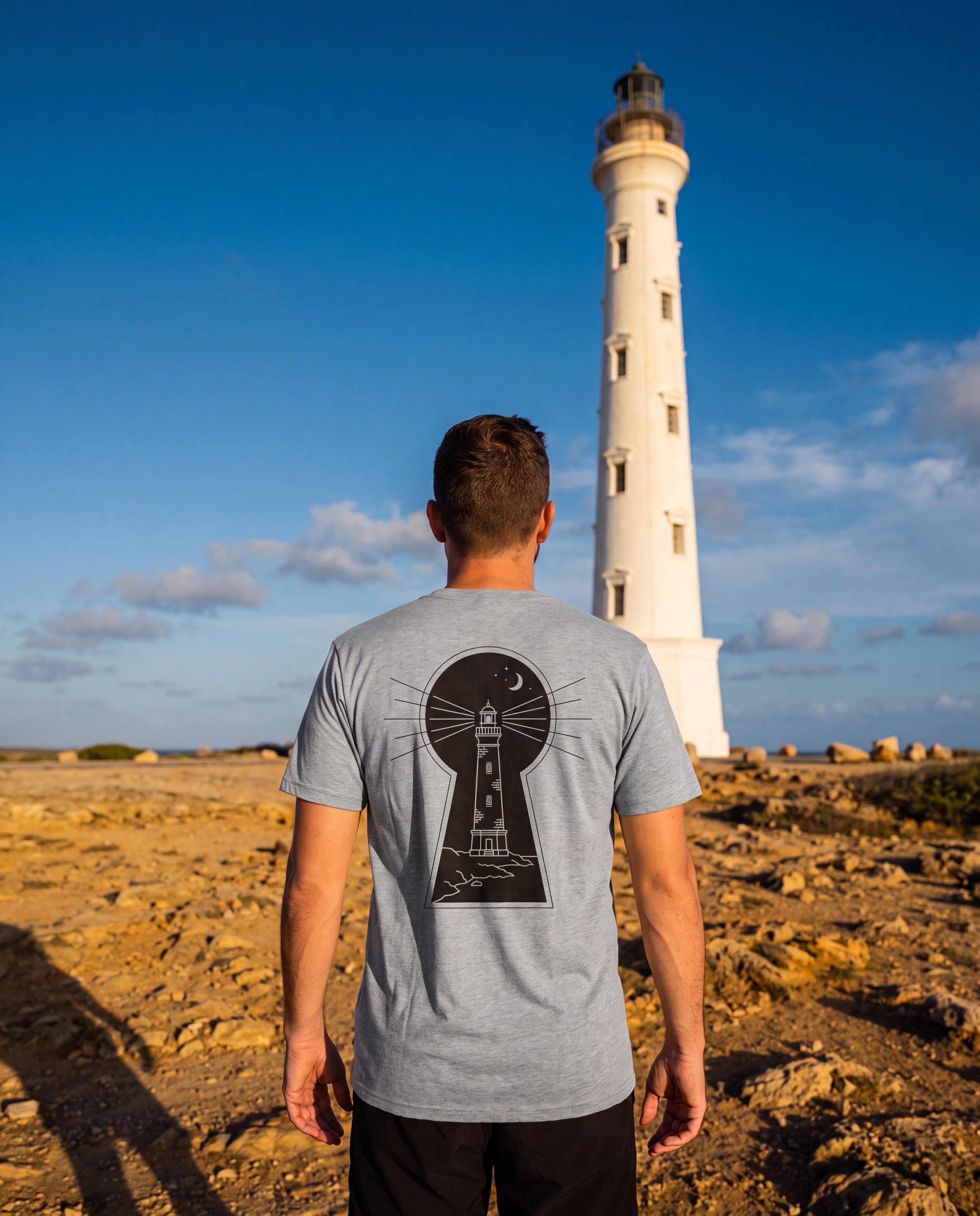 Man wearing the Aruba California Lighthouse Tee at the California Lighthouse