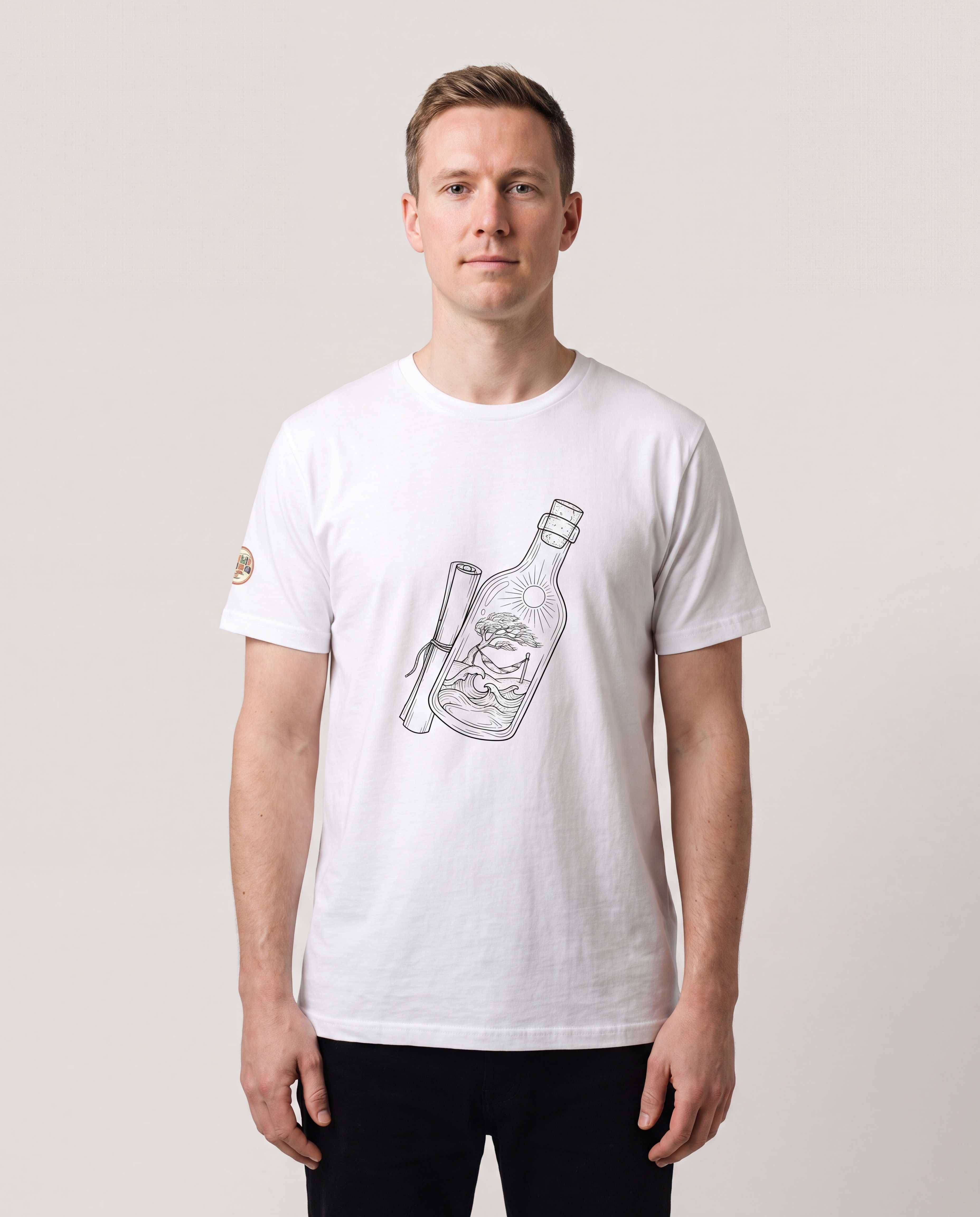 Model wearing the Aruba Message in a Bottle Tee