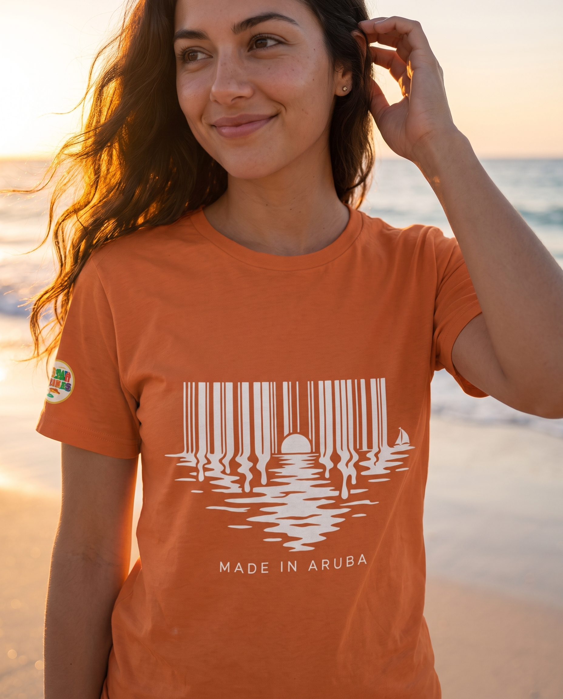 Made in Aruba Barcode Sunset Tee close-up of the design, Burnt Orange