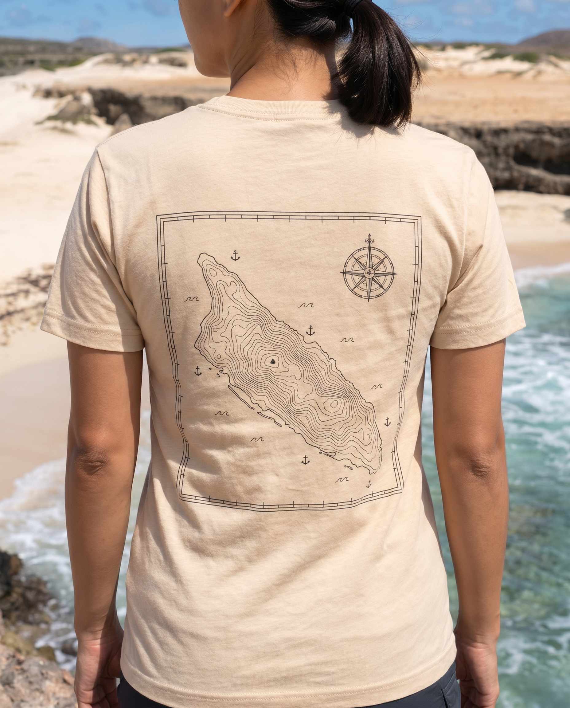 Aruba Topographic Map Tee close-up of the design, Heather Sand Dune