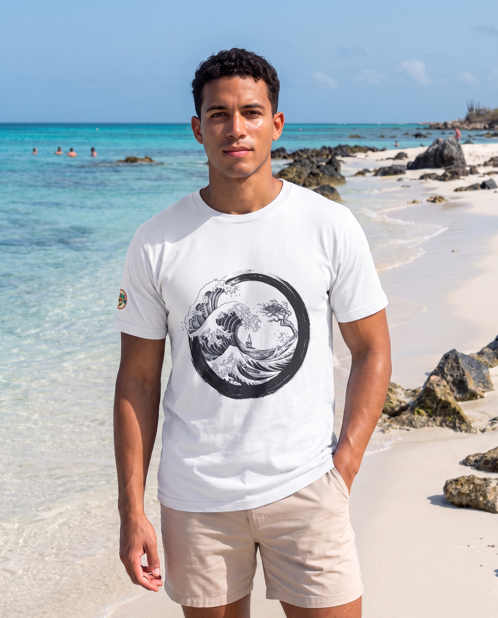 Aruba Great Wave Enso Tee in White, worn on Boca Catalina beach, Aruba