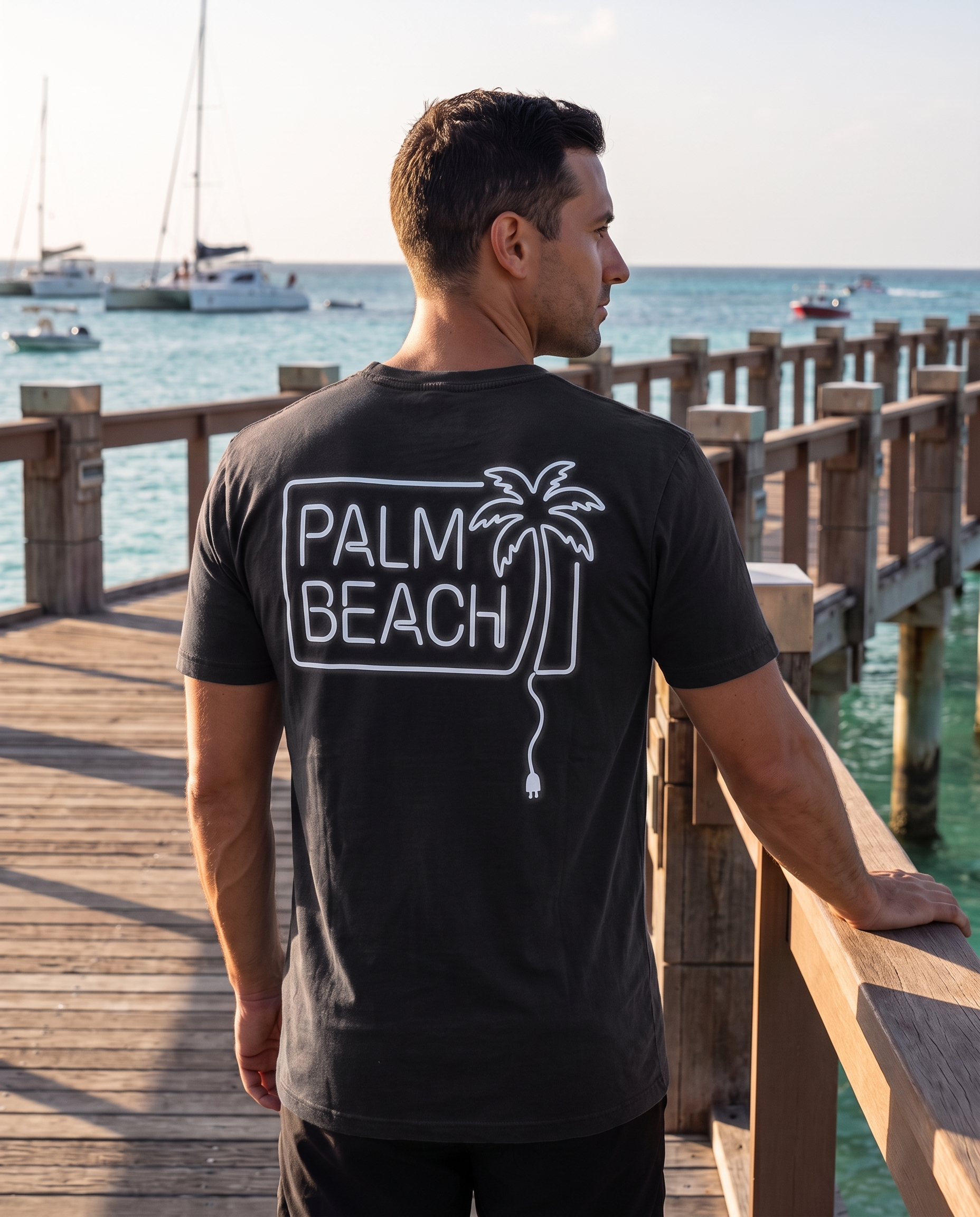 Palm Beach Aruba Neon Tee in Vintage Black, worn on the Palm Beach pier, Aruba (back print)