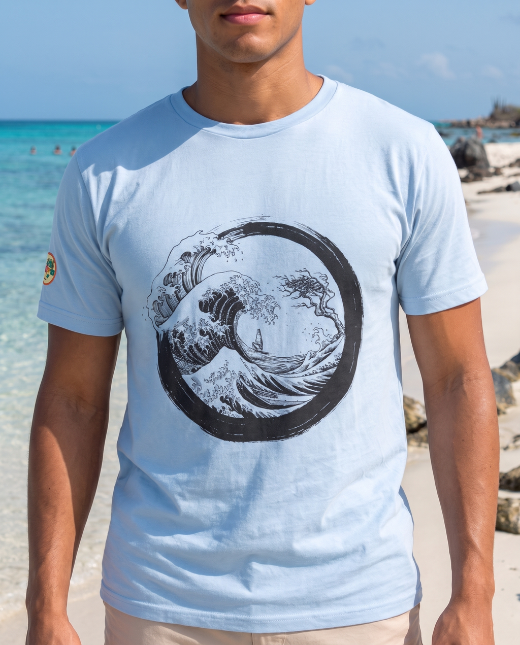 Aruba Great Wave Enso Tee close-up of the design, Baby Blue