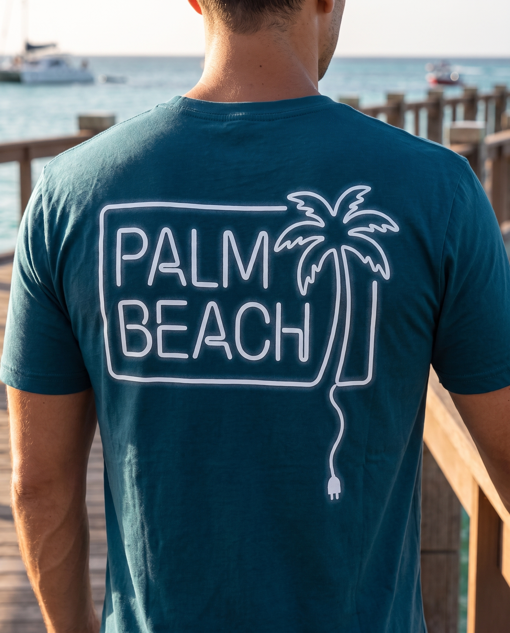 Palm Beach Aruba Neon Tee close-up of the design, Deep Teal