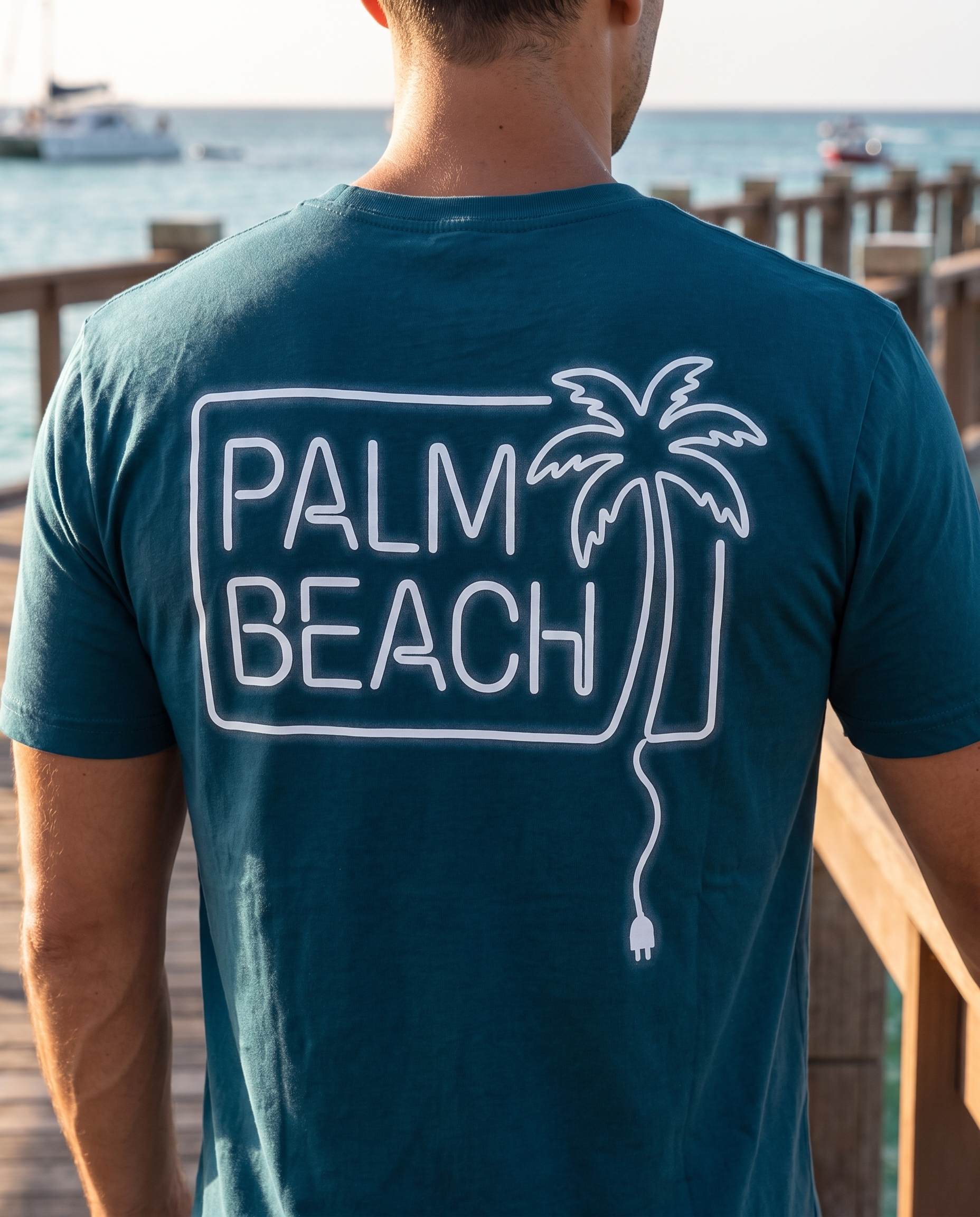 Palm Beach Aruba Neon Tee close-up of the design, Deep Teal