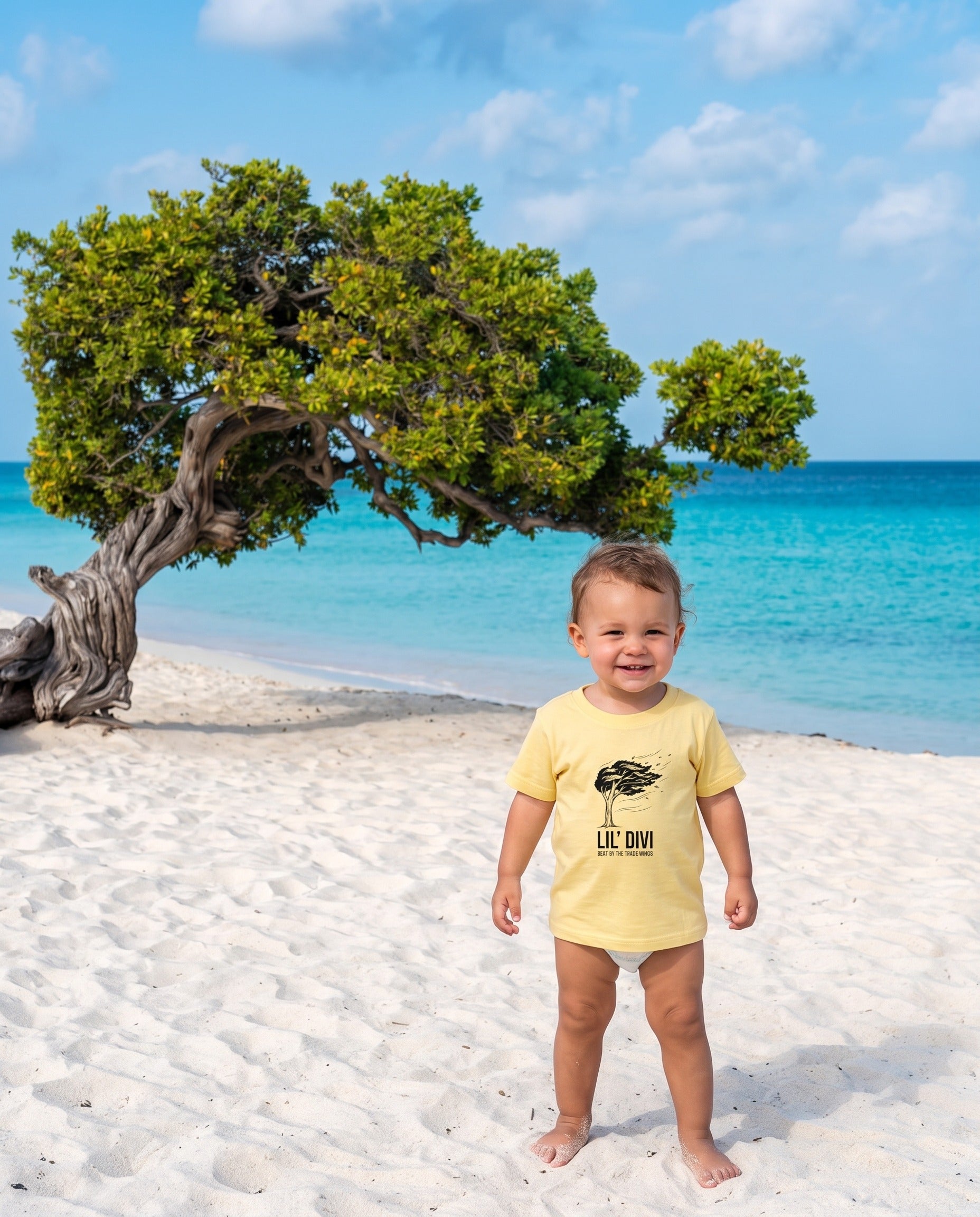 Aruba Lil' Divi Baby Tee in Butter, worn on location in Aruba