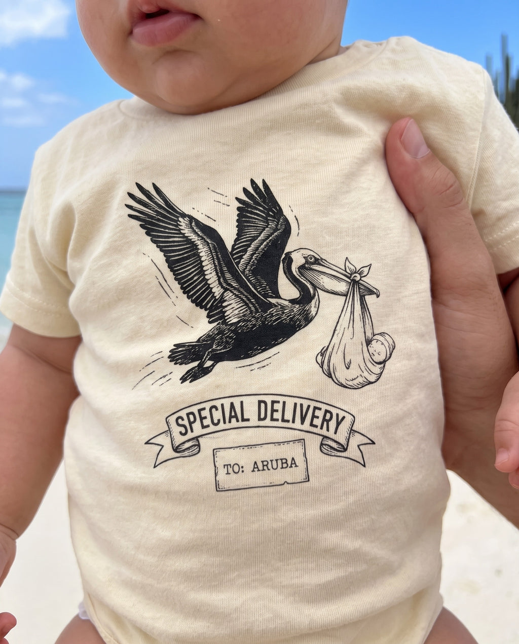 Aruba Pelican Special Delivery Baby Tee close-up of the design, Natural