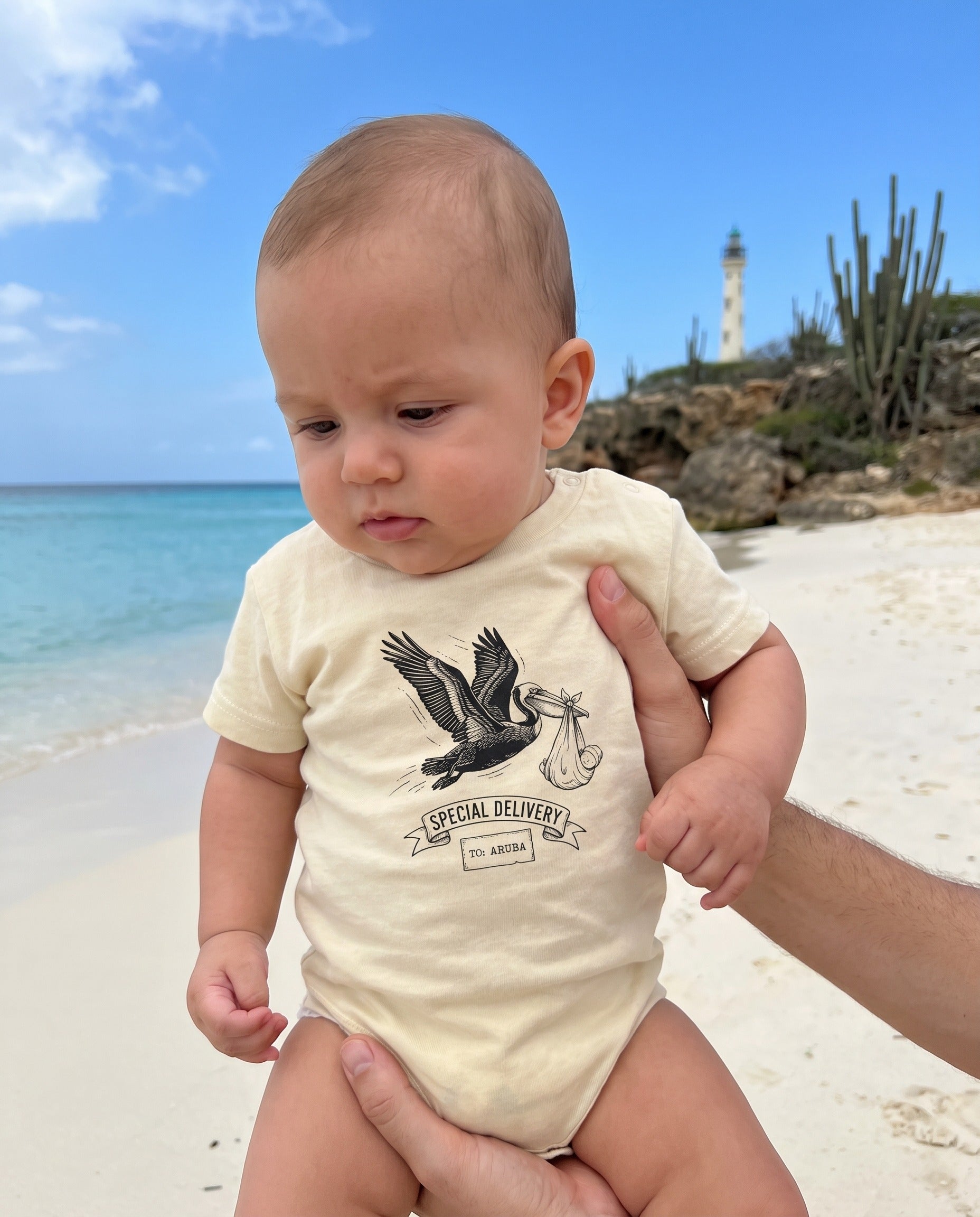 Aruba Pelican Special Delivery Baby Tee in Natural, worn on location in Aruba