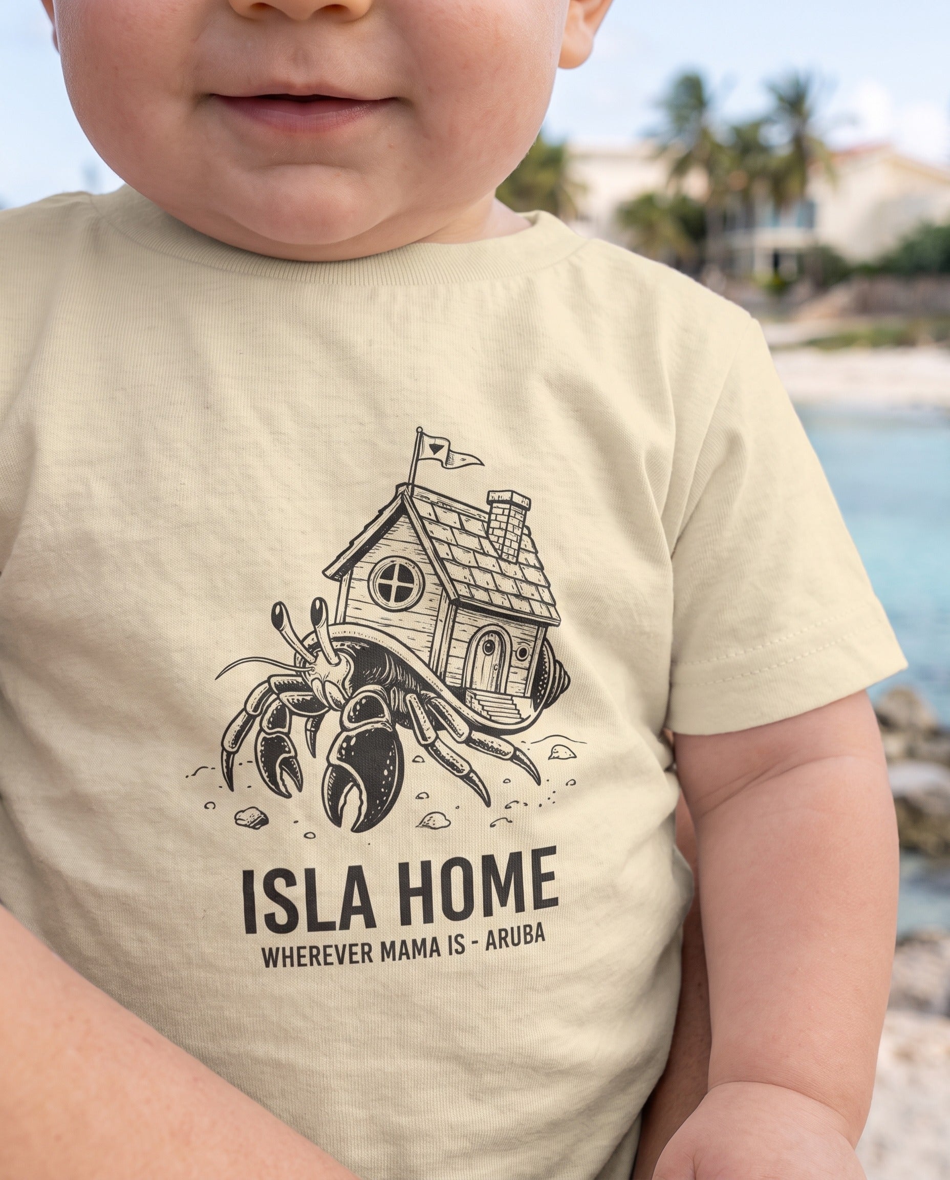 Aruba Isla Home Hermit Crab Baby Tee close-up of the design, Natural