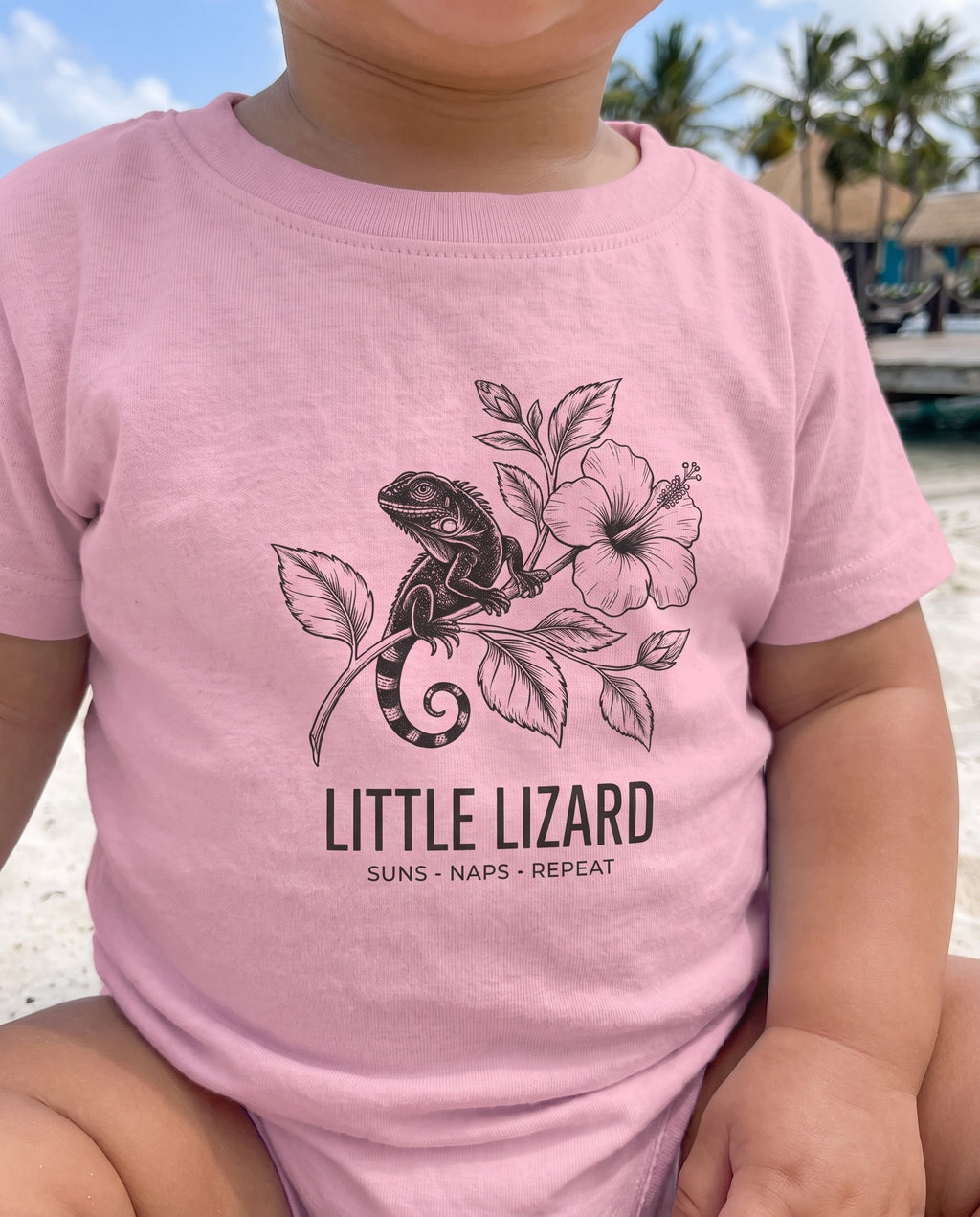 Aruba Little Lizard Hibiscus Baby Tee close-up of the design, Pink