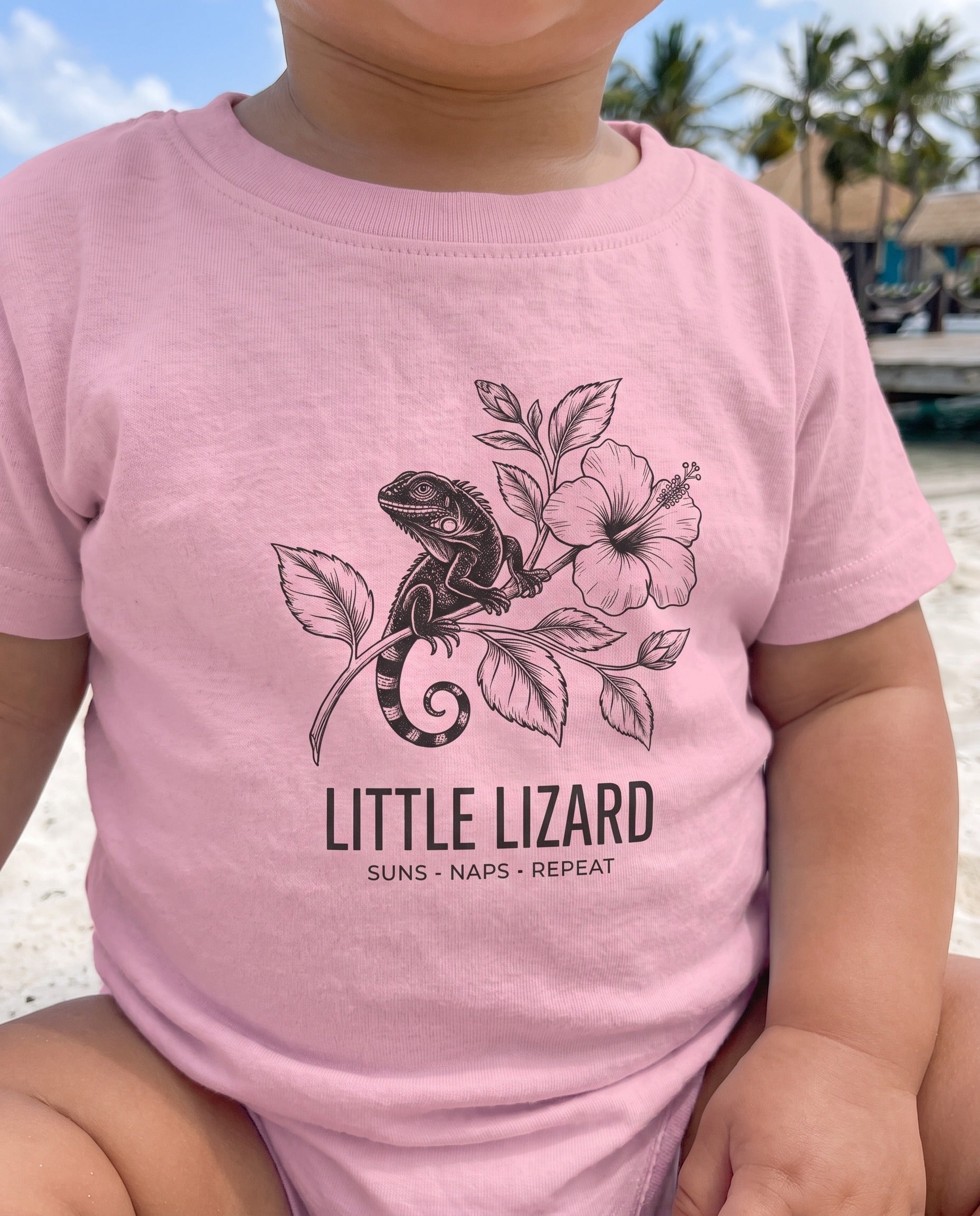 Aruba Little Lizard Hibiscus Baby Tee close-up of the design, Pink