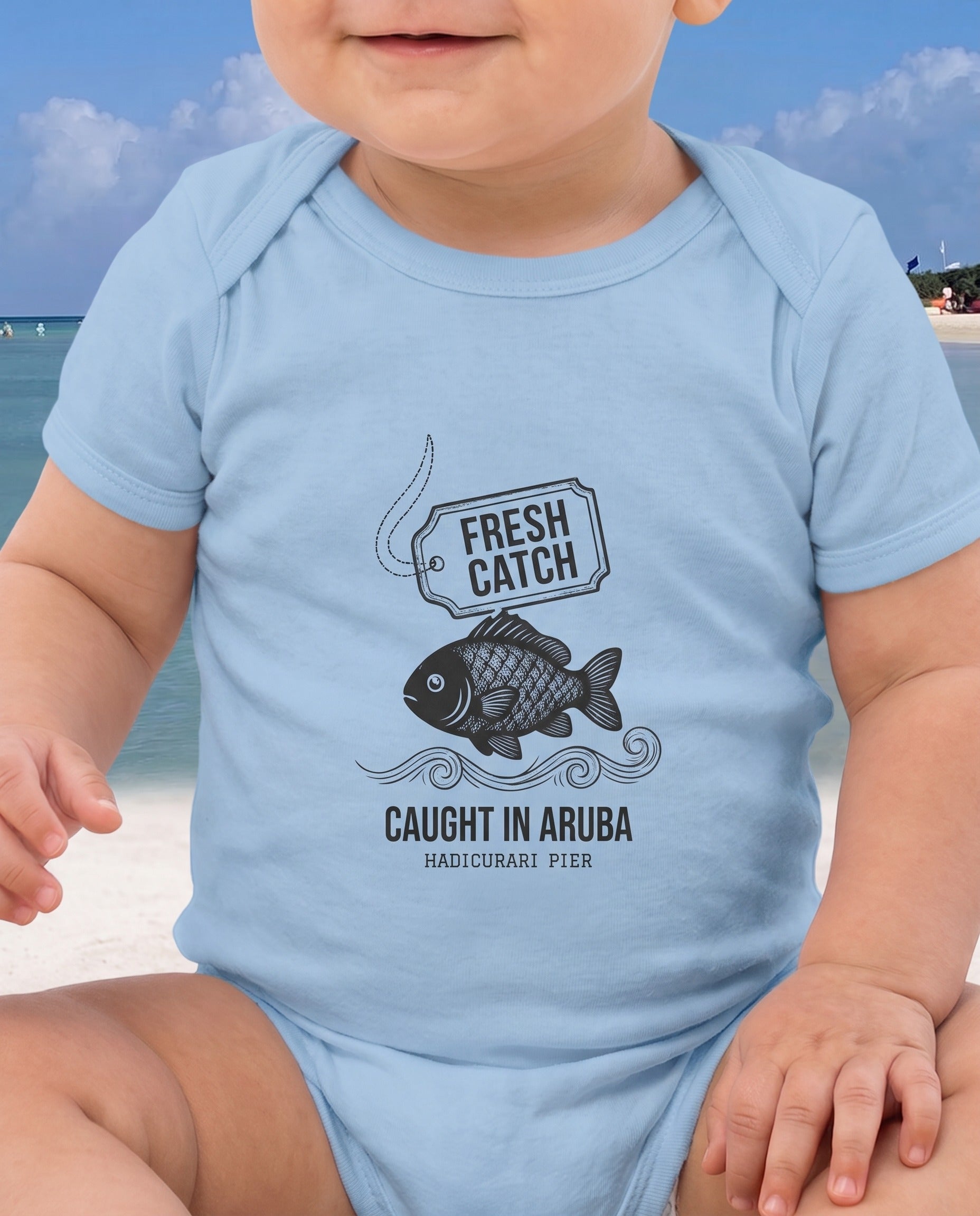 Aruba Fresh Catch Bodysuit close-up of the design, Light Blue