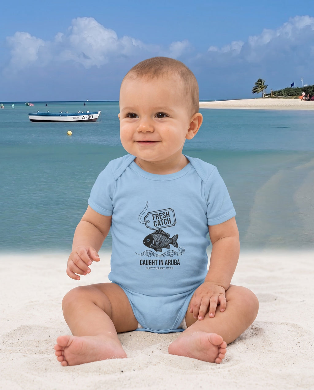 Aruba Fresh Catch Bodysuit in Light Blue, worn on location in Aruba