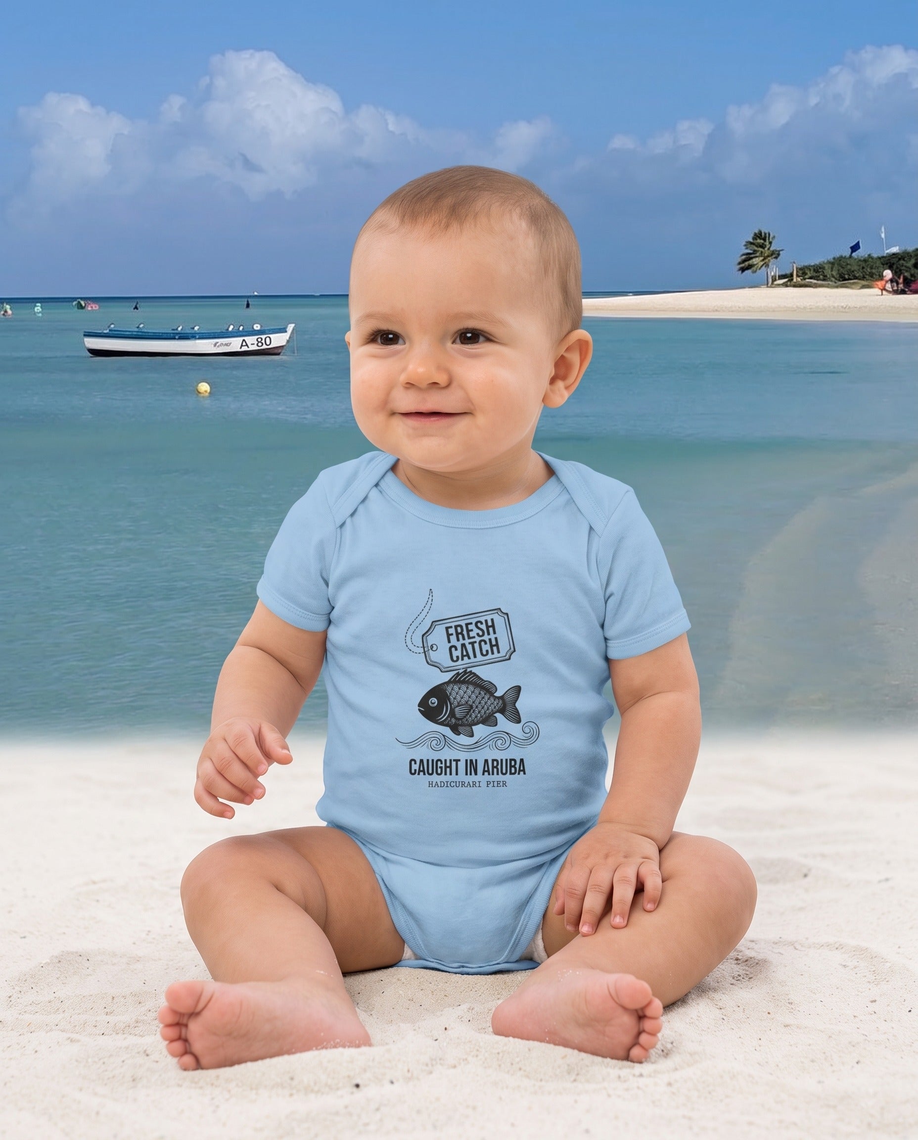 Aruba Fresh Catch Bodysuit in Light Blue, worn on location in Aruba