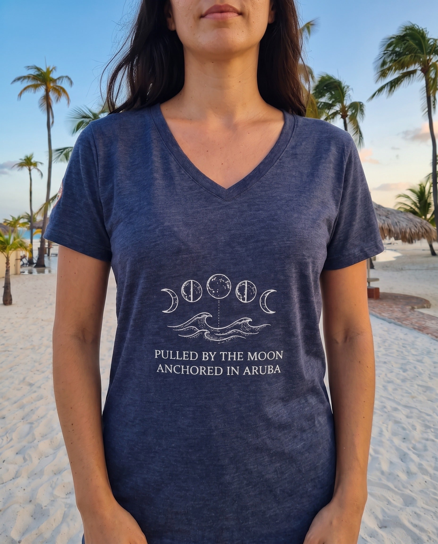 Aruba Pulled by the Moon V-Neck Tee close-up of the design, Heather Navy