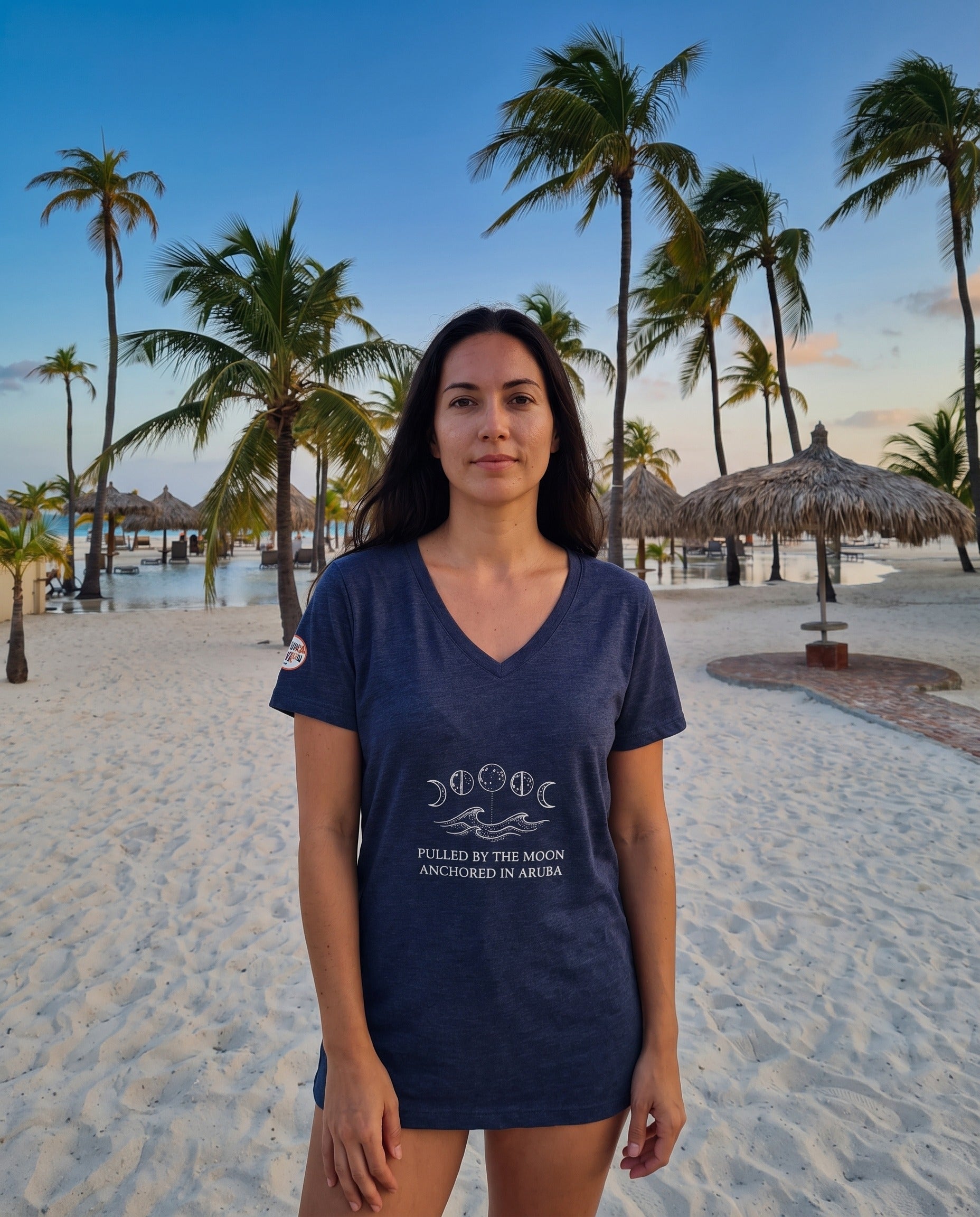 Aruba Pulled by the Moon V-Neck Tee in Heather Navy, worn on location in Aruba