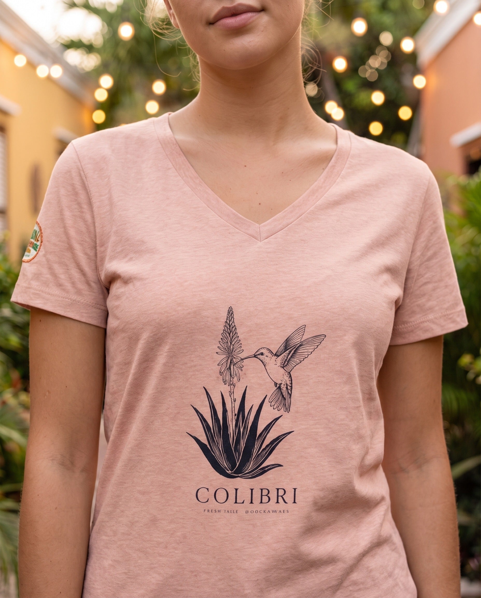 Aruba Colibri Hummingbird V-Neck Tee close-up of the design, Heather Peach
