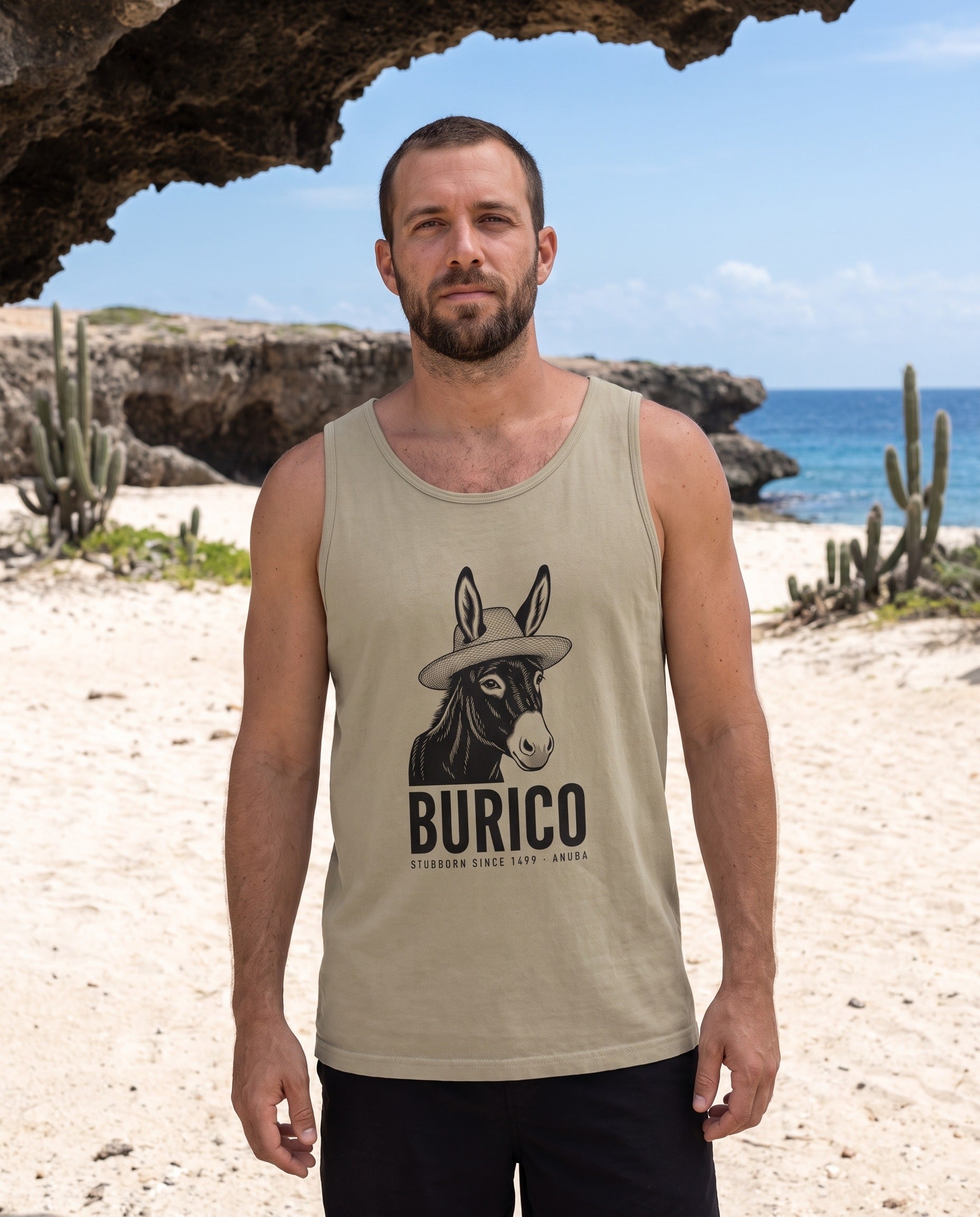 Aruba Burico Donkey Tank in Sandstone, worn on location in Aruba