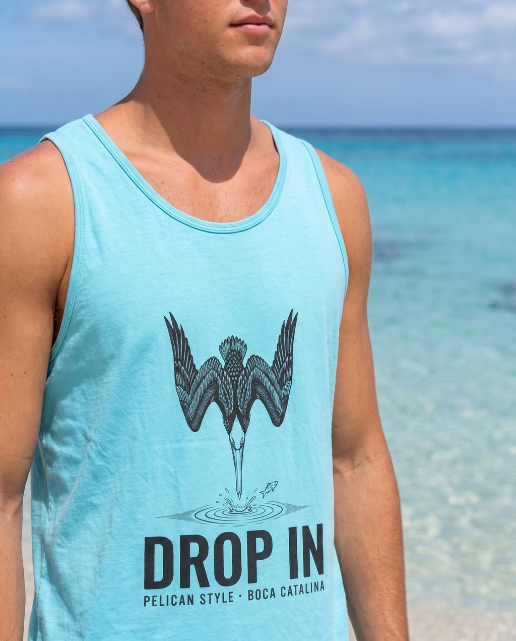 Aruba Pelican Drop In Tank close-up of the design, Lagoon Blue