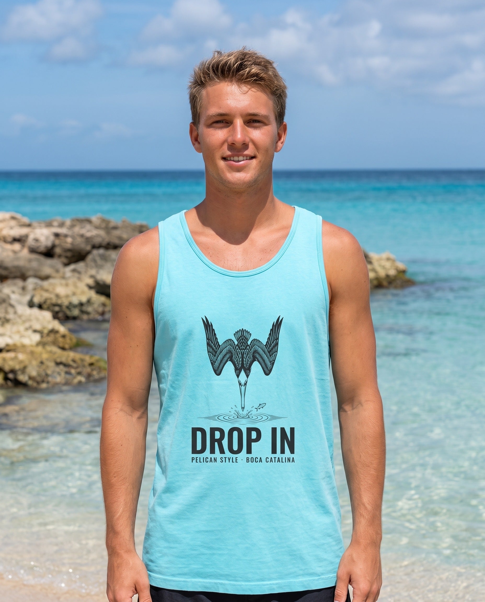 Aruba Pelican Drop In Tank in Lagoon Blue, worn on location in Aruba