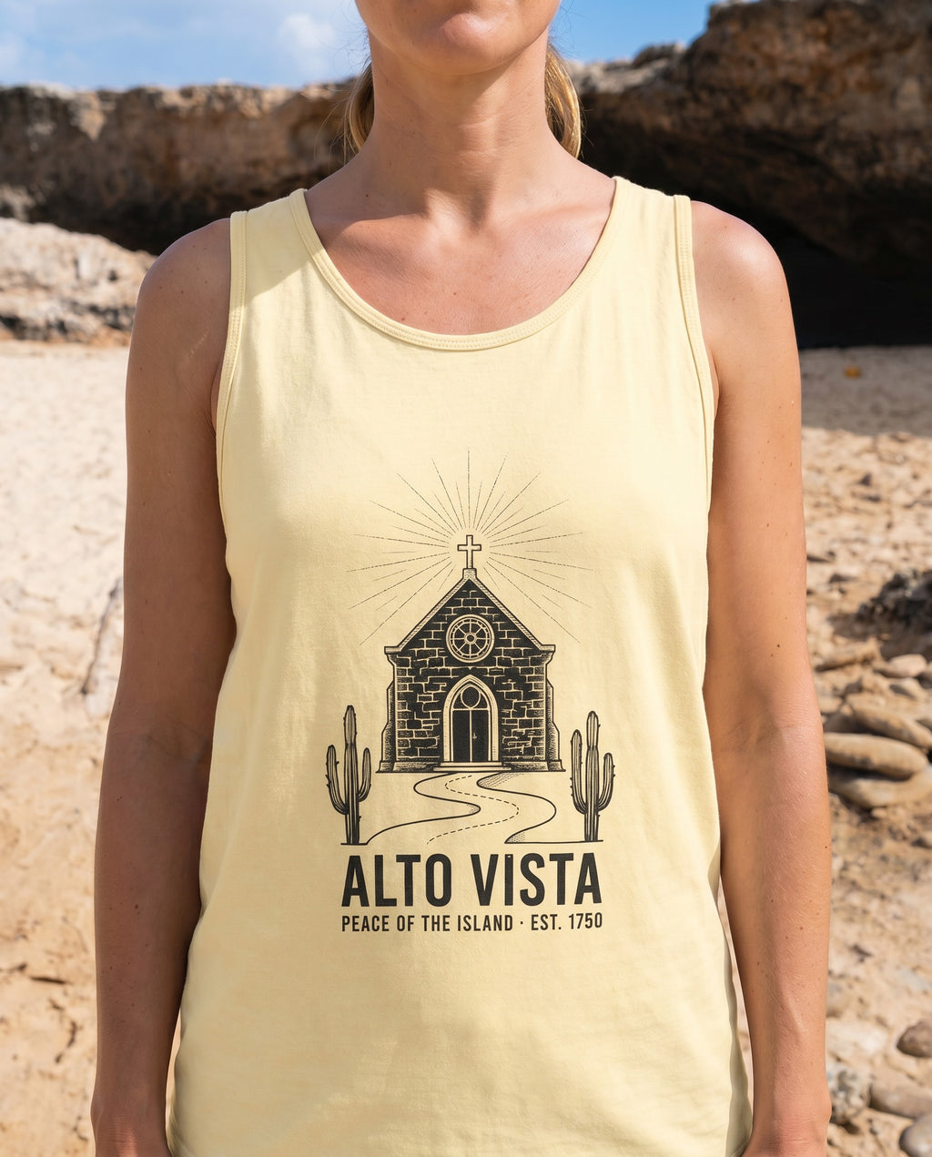 Aruba Alto Vista Chapel Tank close-up of the design, Butter