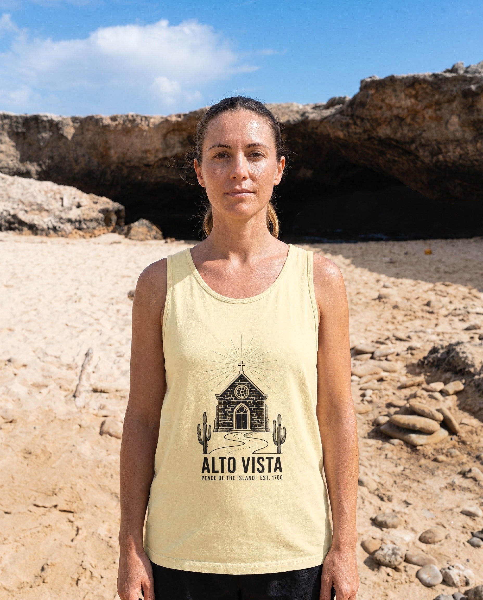 Aruba Alto Vista Chapel Tank in Butter, worn on location in Aruba