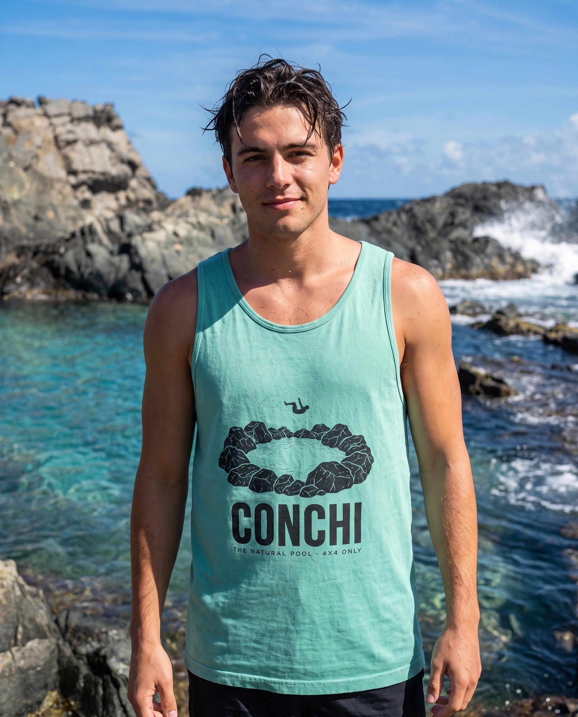 Aruba Conchi Natural Pool Tank in Island Reef, worn on location in Aruba