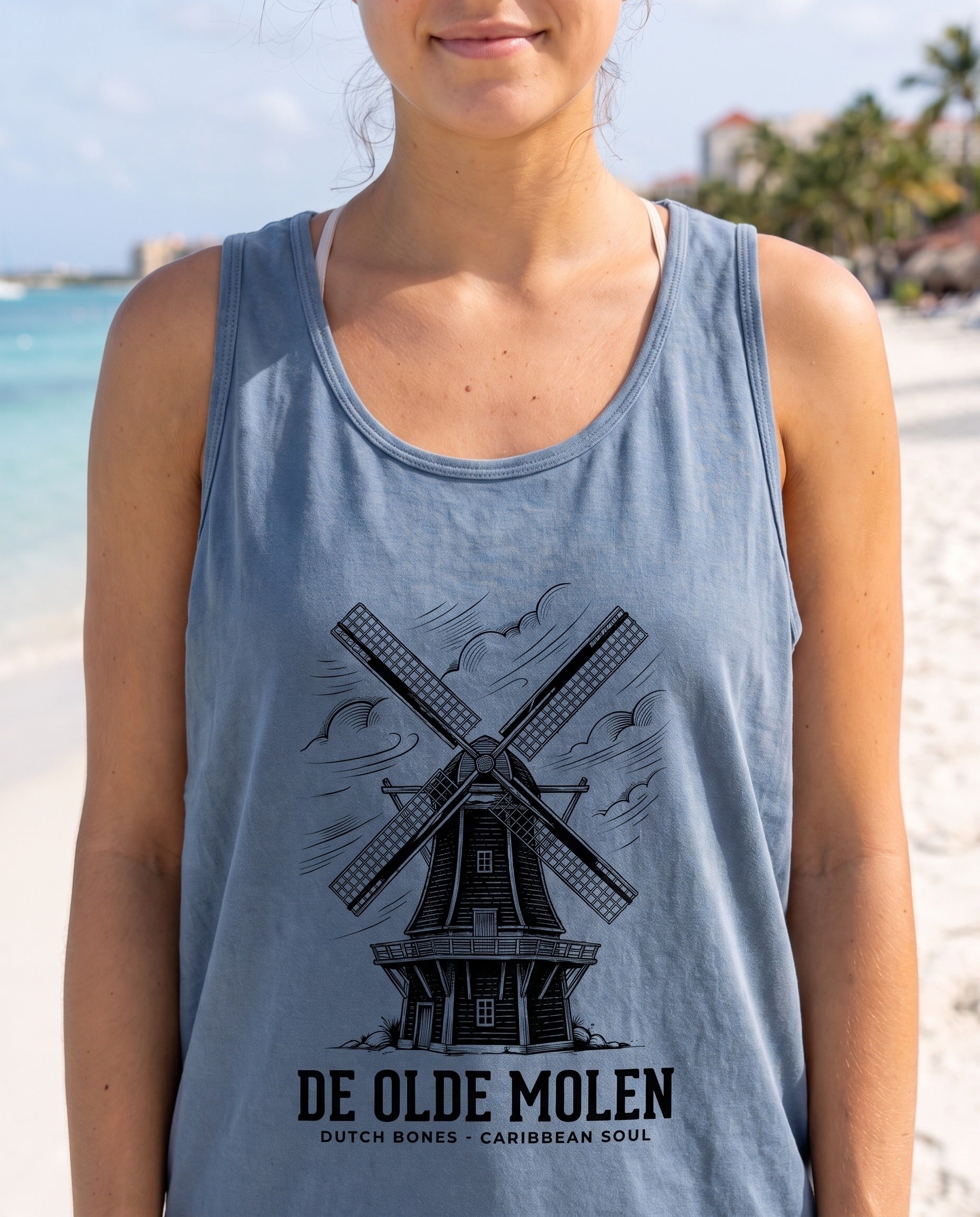 Aruba De Olde Molen Windmill Tank close-up of the design, Blue Jean