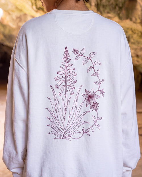 Aruba Aloe Vera Redwork Sweatshirt close-up of the design, White