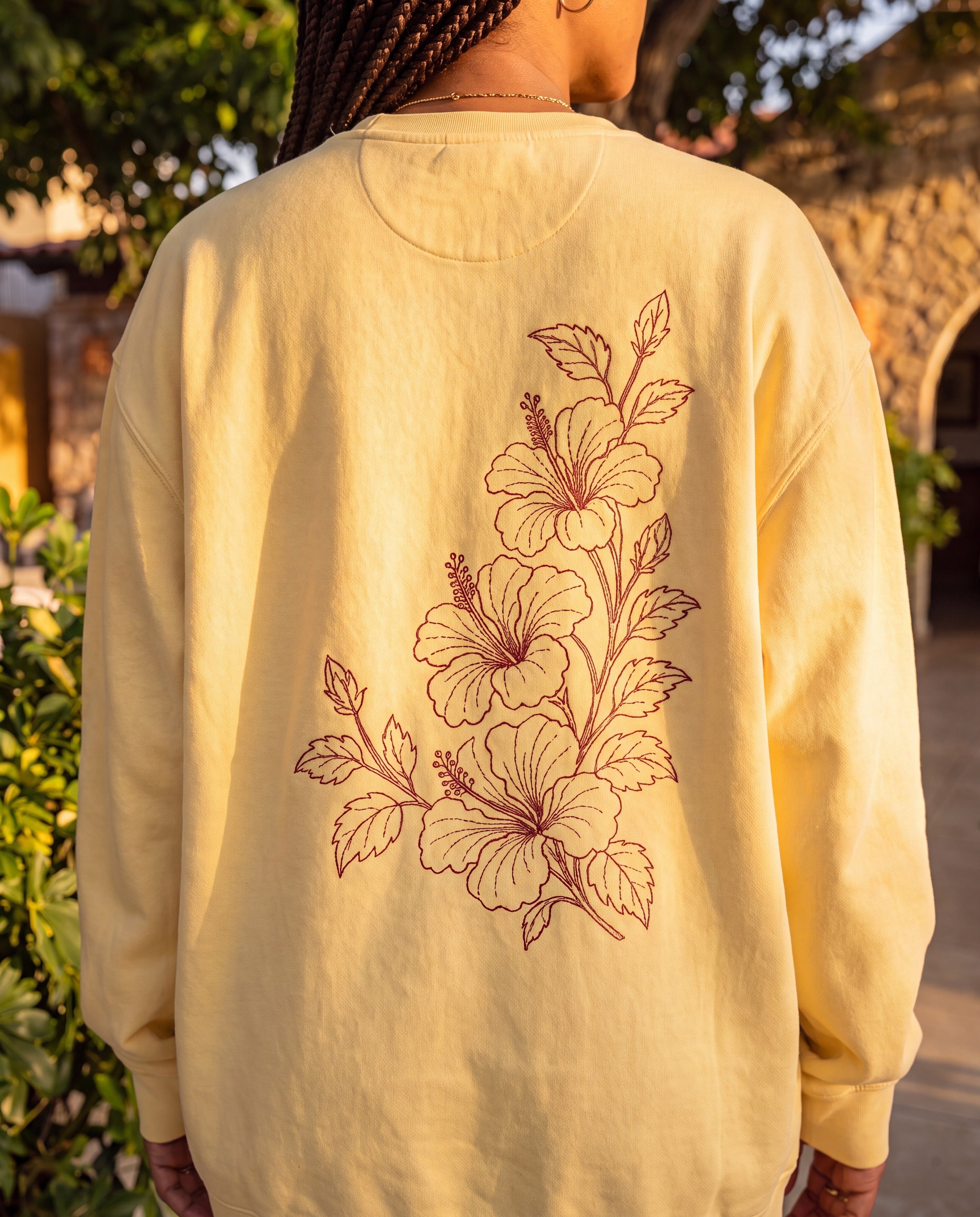 Aruba Hibiscus Spray Redwork Sweatshirt close-up of the design, Butter
