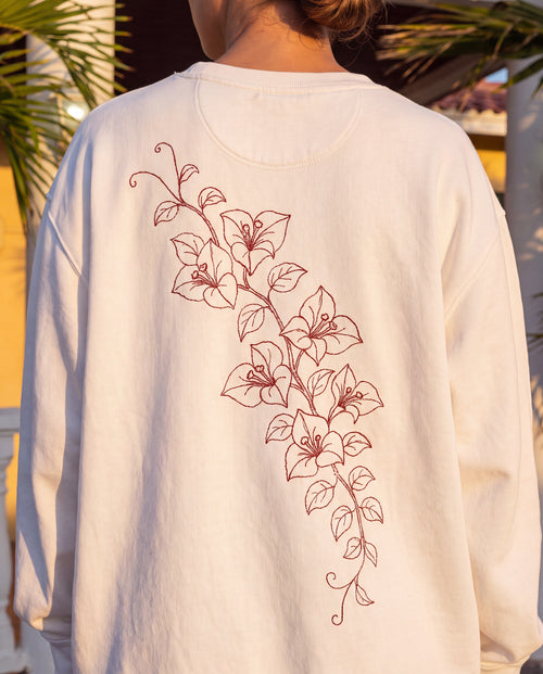 Aruba Bougainvillea Cascade Redwork Sweatshirt close-up of the design, White