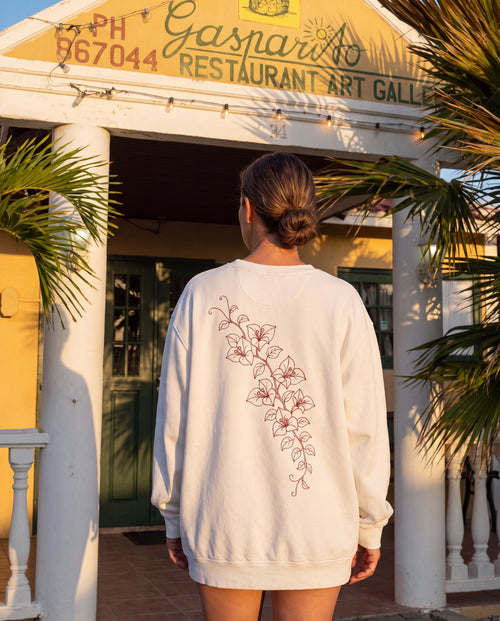 Aruba Bougainvillea Cascade Redwork Sweatshirt in White, worn on location in Aruba